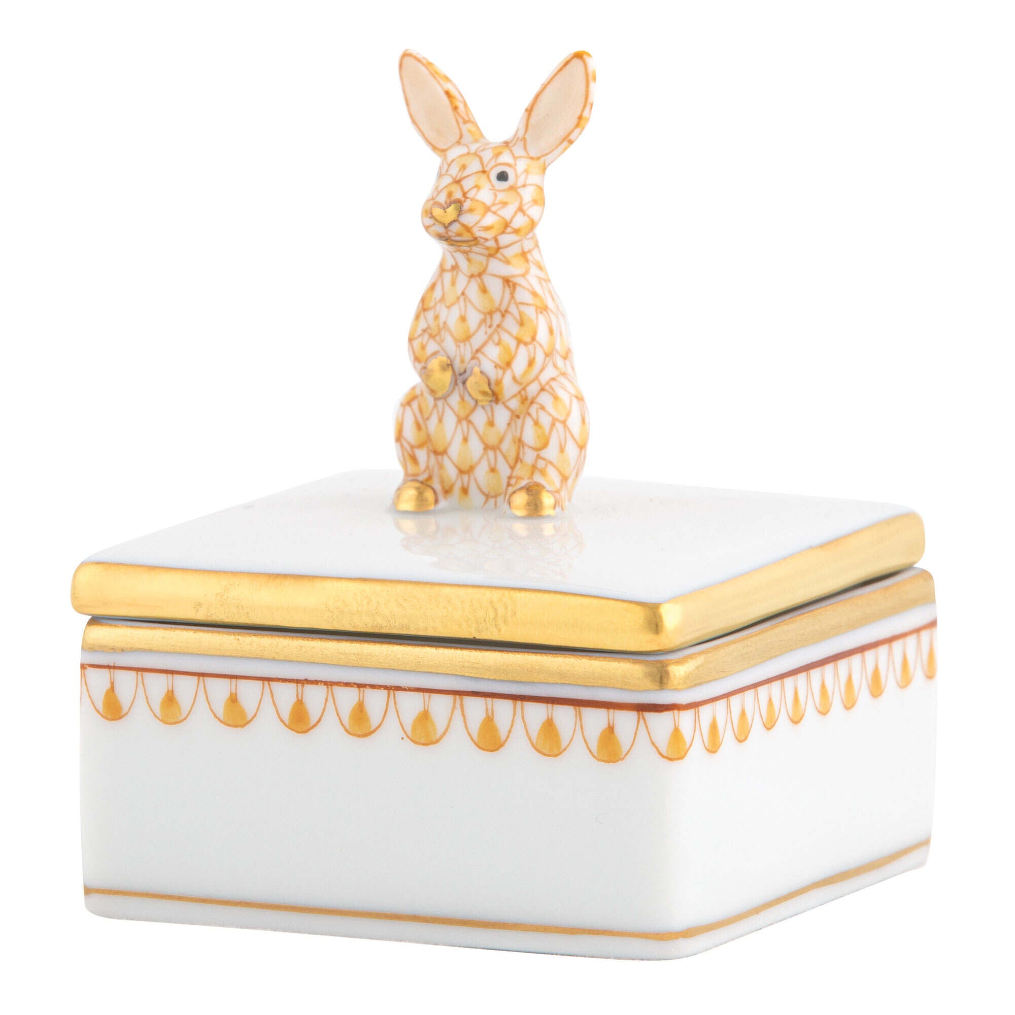 Herend Bunny Box porcelain figurine painted in the Butterscotch fishnet pattern