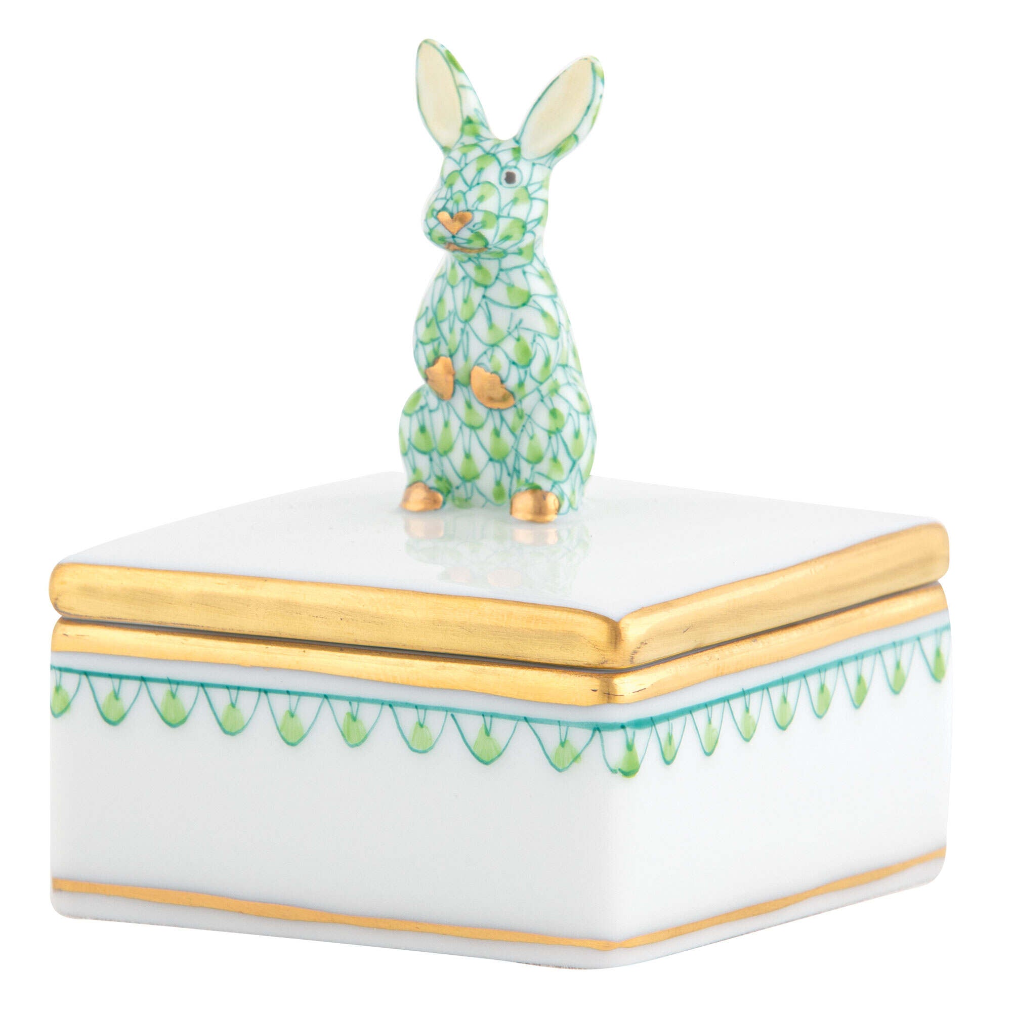 Herend Bunny Box porcelain figurine painted in the Key Lime fishnet pattern