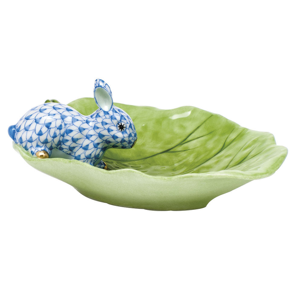 Bunny on Cabbage Leaf Figurine in hand-painted Blue porcelain by Herend of Hungary