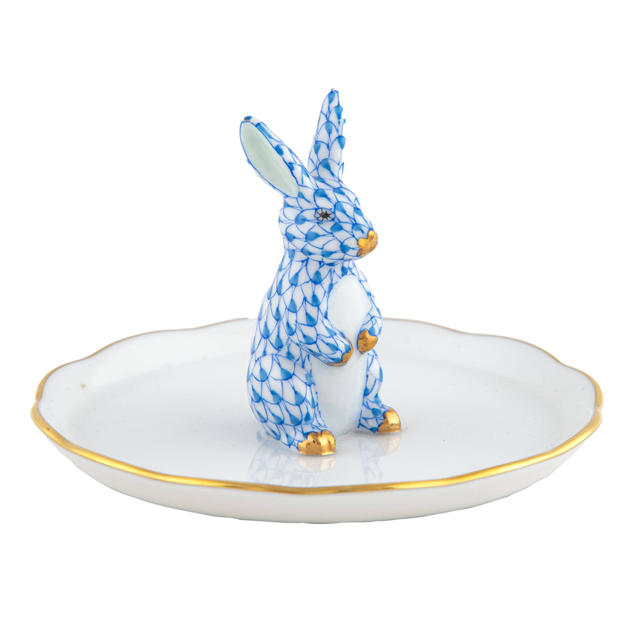 Herend Bunny Ring Holder Garnishment porcelain figurine painted in the Blue fishnet pattern