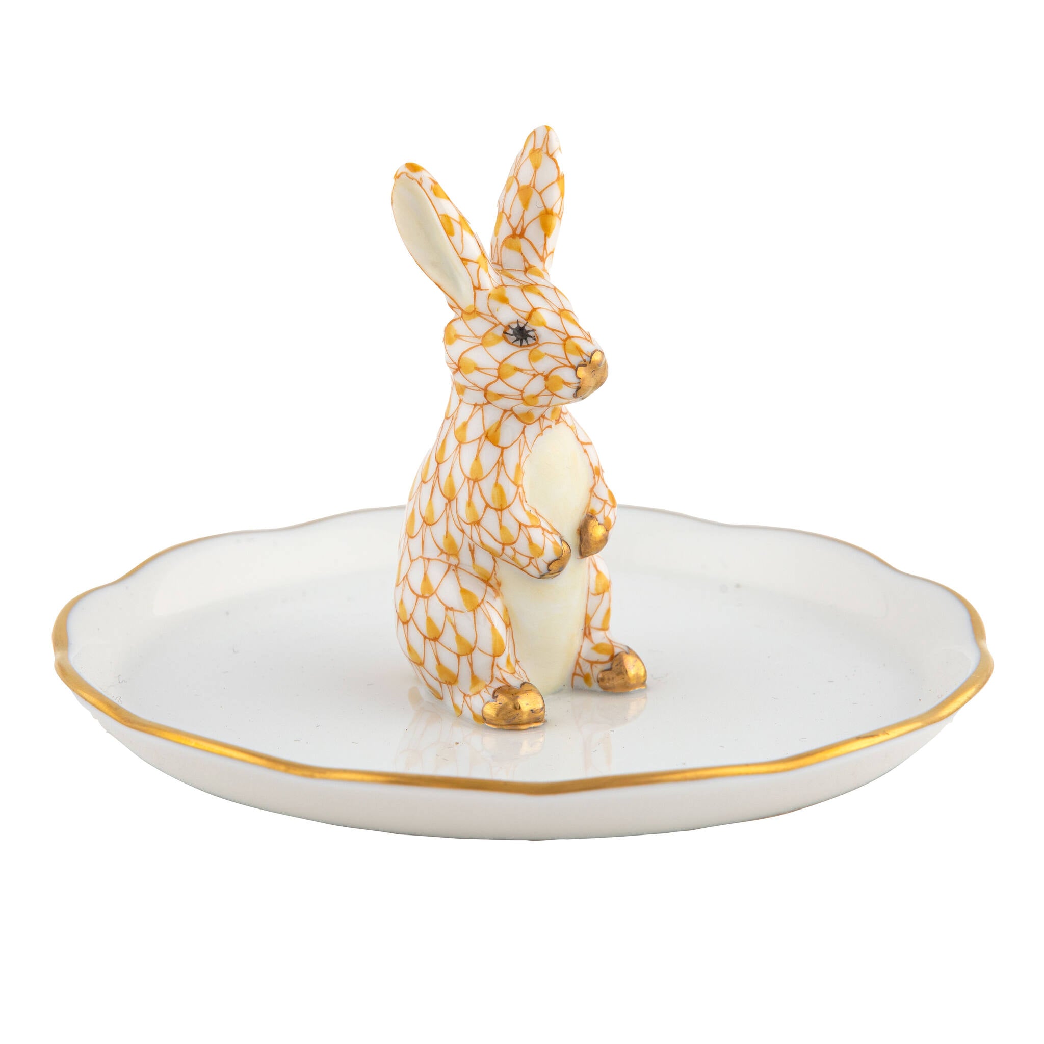 Hand-painted Herend Bunny Ring Holder Garnishment in Butterscotch fishnet porcelain on a white background