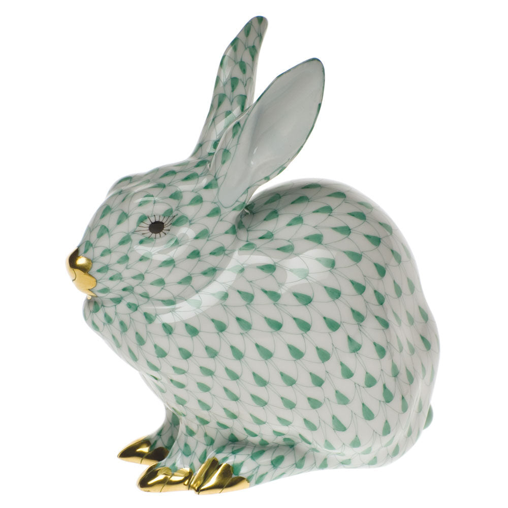 Green fishnet Bunny Sitting Figurine figurine, hand-painted Herend porcelain with 24k gold accents