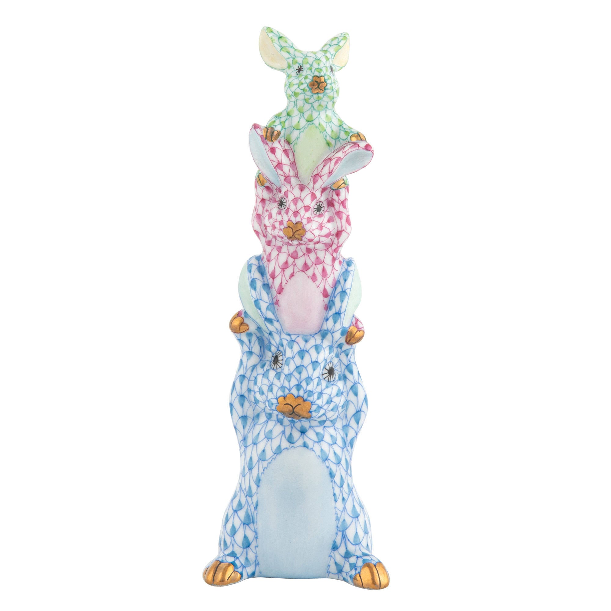 Hand-painted Herend Bunny Trio Figurine in fine porcelain, 1.5in L X 1.5in W X 4.25in H, on a white background