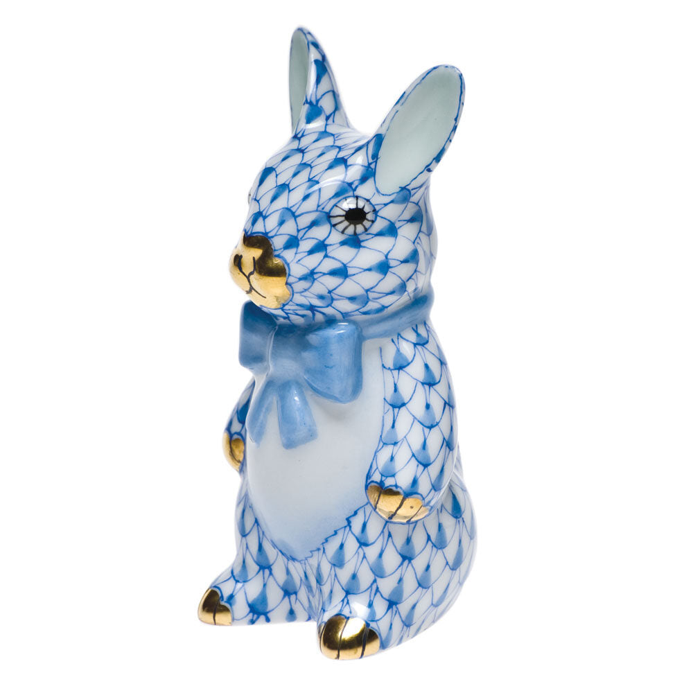 Hand-painted Herend Bunny with Bowtie Figurine in fine porcelain, 1.5in L X 3in H, on a white background
