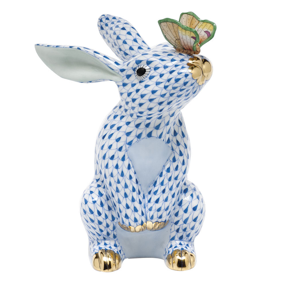 Blue fishnet Bunny with Butterfly Figurine figurine, hand-painted Herend porcelain with 24k gold accents