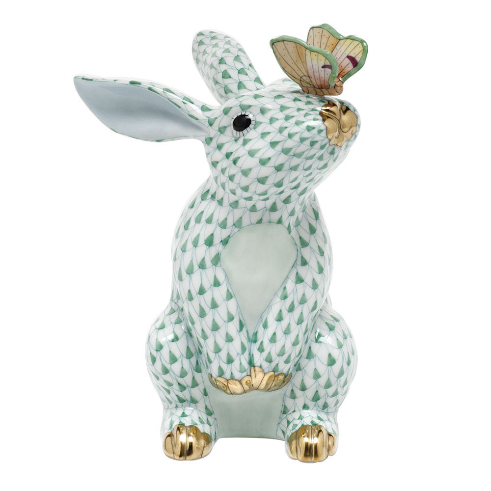 Bunny with Butterfly Figurine in hand-painted Green porcelain by Herend of Hungary