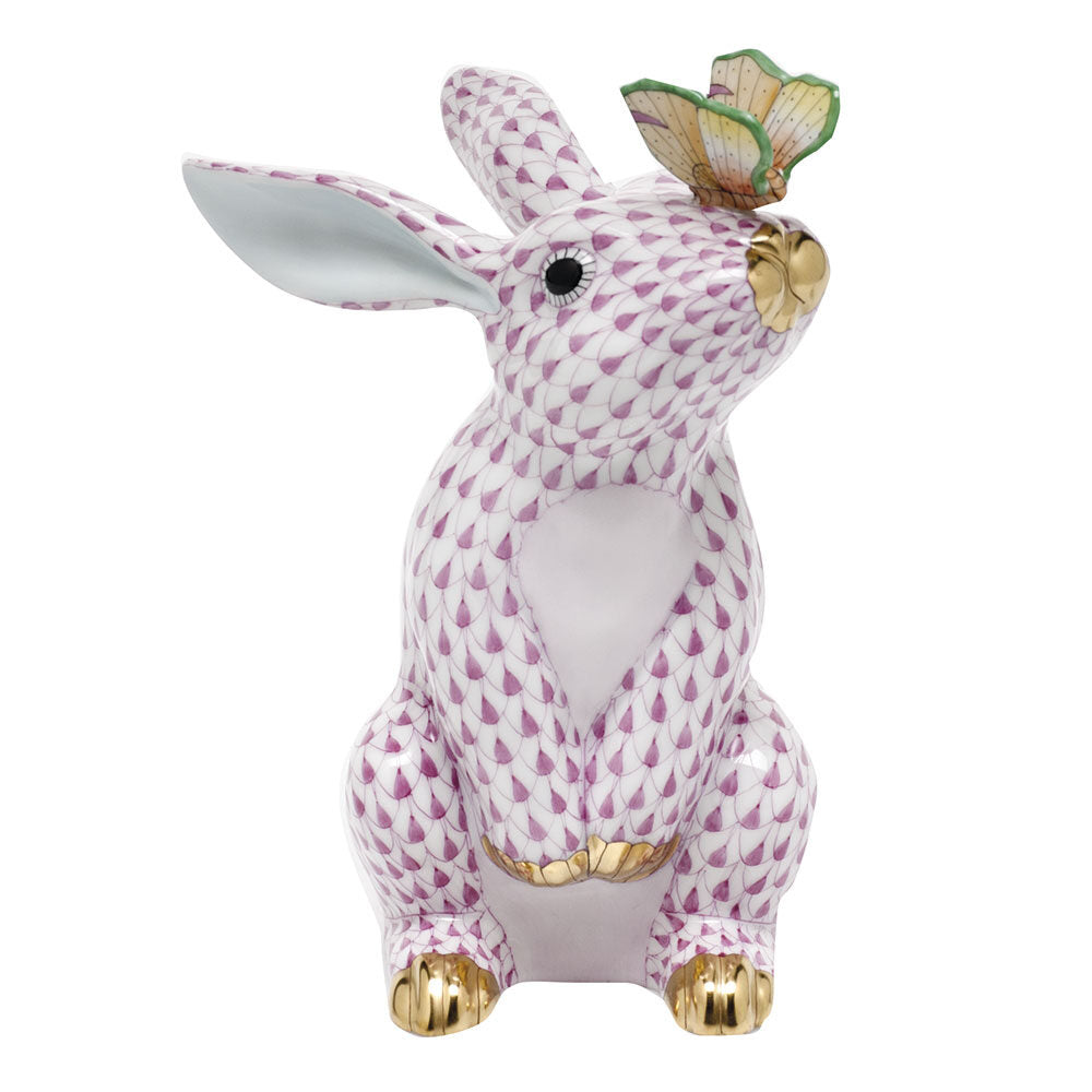 Raspberry fishnet Bunny with Butterfly Figurine figurine, hand-painted Herend porcelain with 24k gold accents