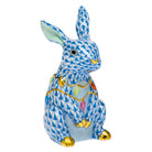 Blue fishnet Bunny with Christmas Lights Figurine figurine, hand-painted Herend porcelain with 24k gold accents