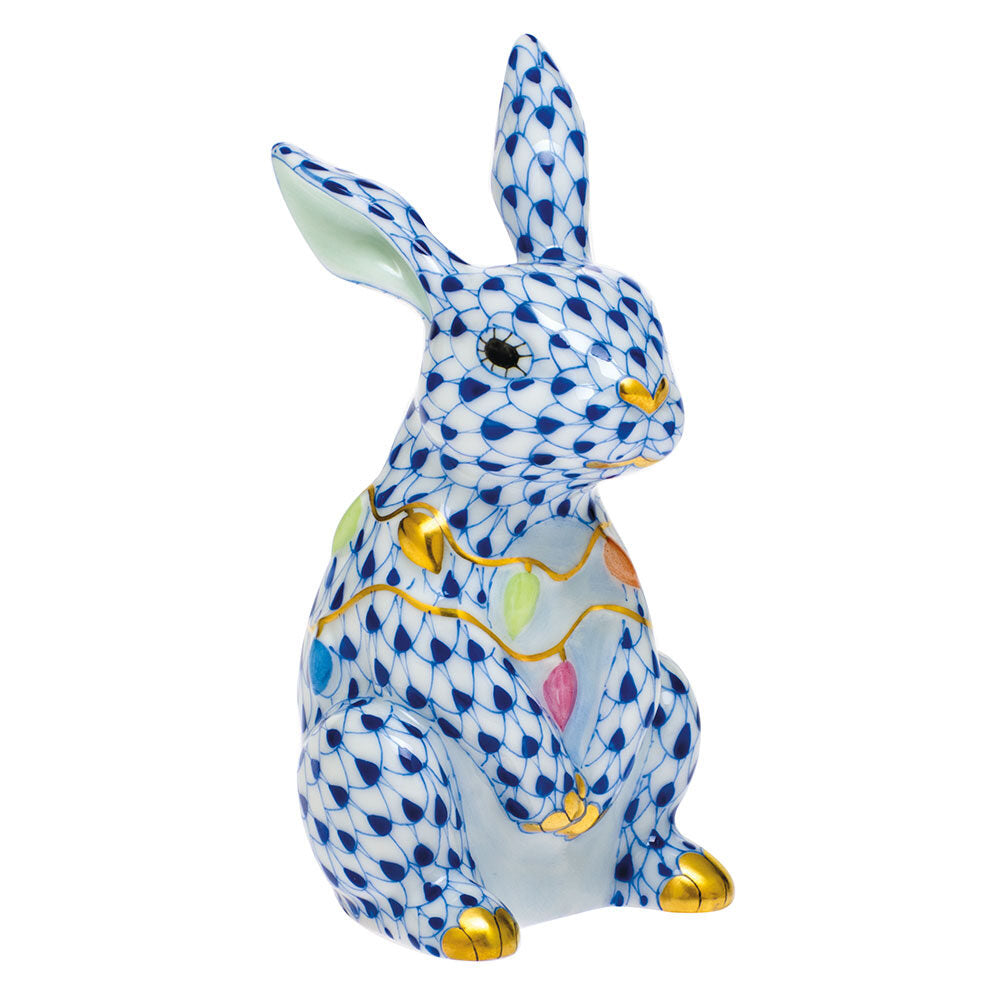 Sapphire fishnet Bunny with Christmas Lights Figurine figurine, hand-painted Herend porcelain with 24k gold accents