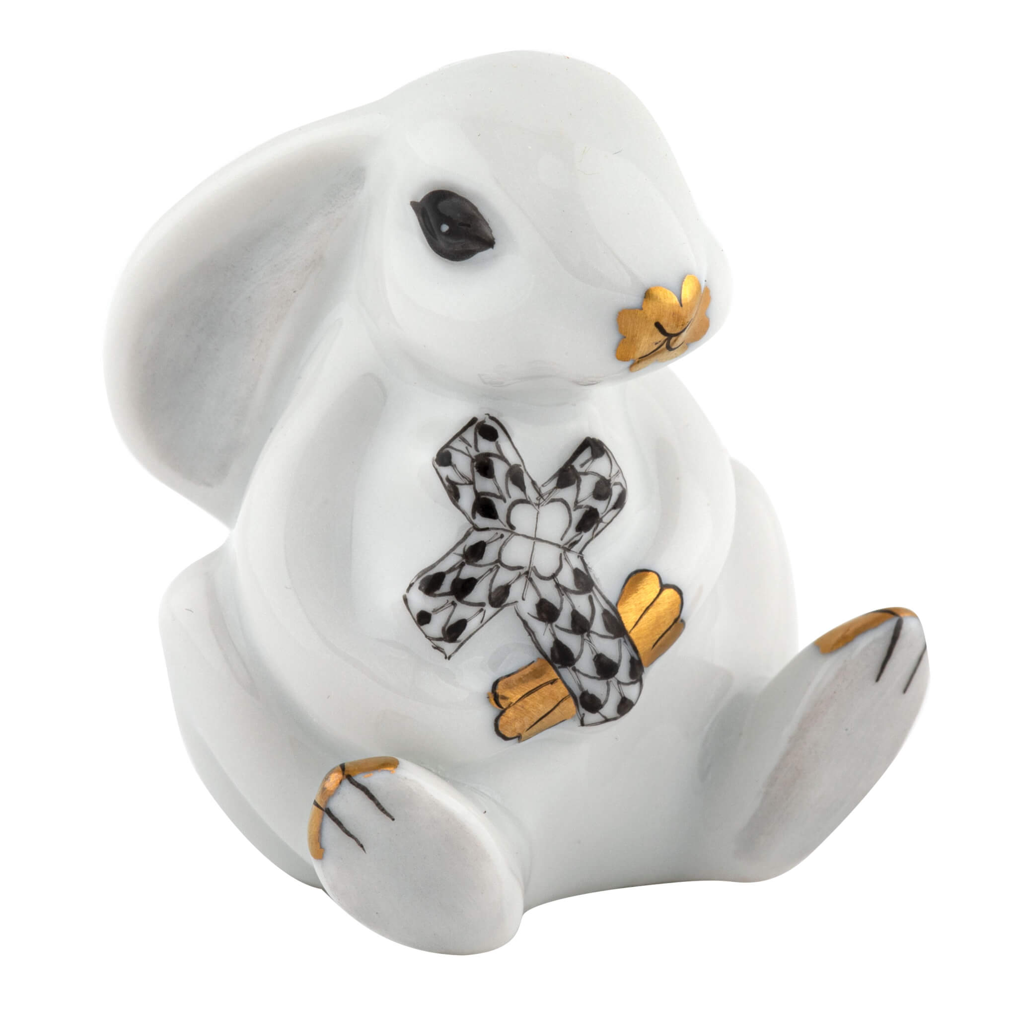 Herend Bunny with Cross figurine in Black with black fishnet pattern with gold accents on a white background