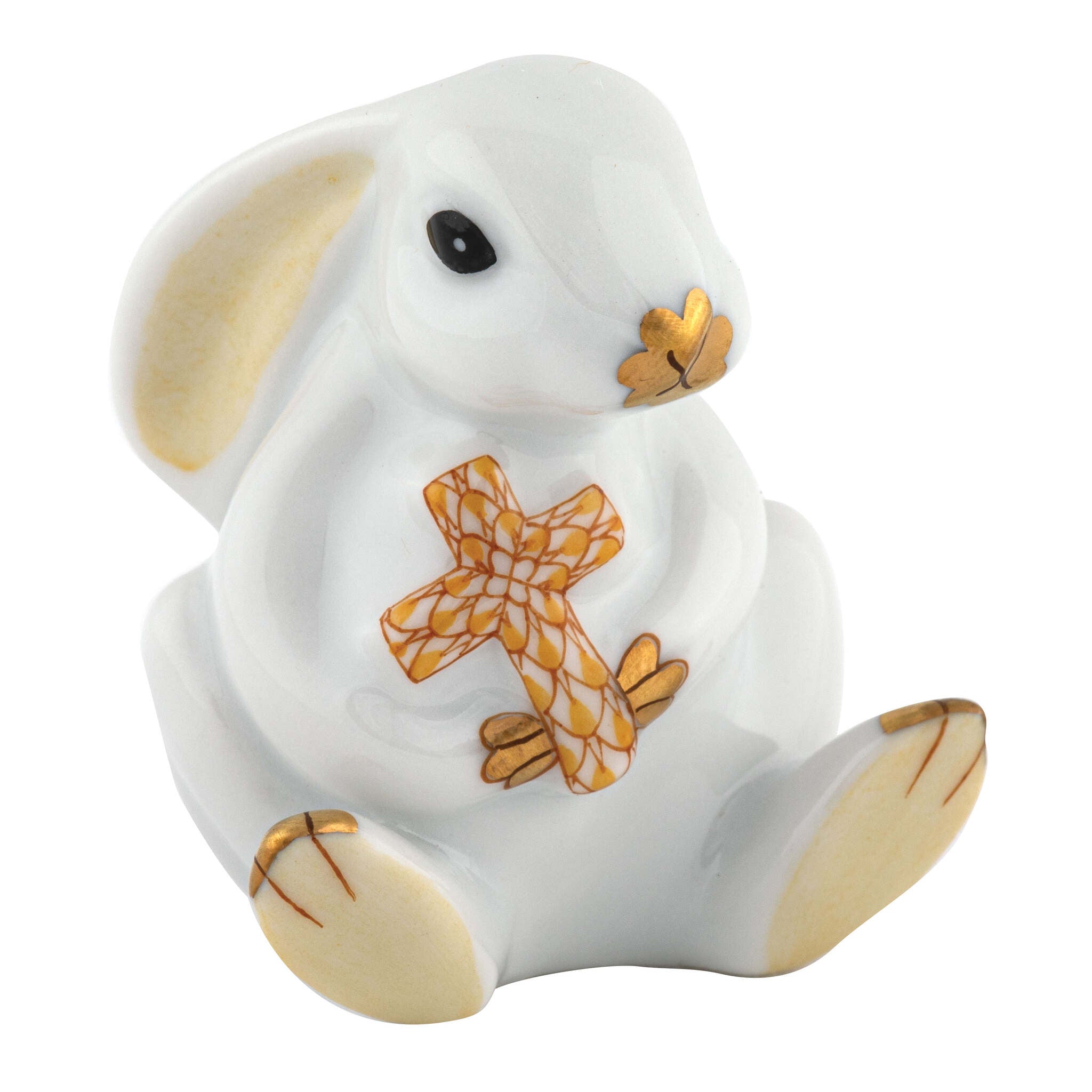 Herend Bunny with Cross Figurine porcelain figurine painted in the Butterscotch fishnet pattern