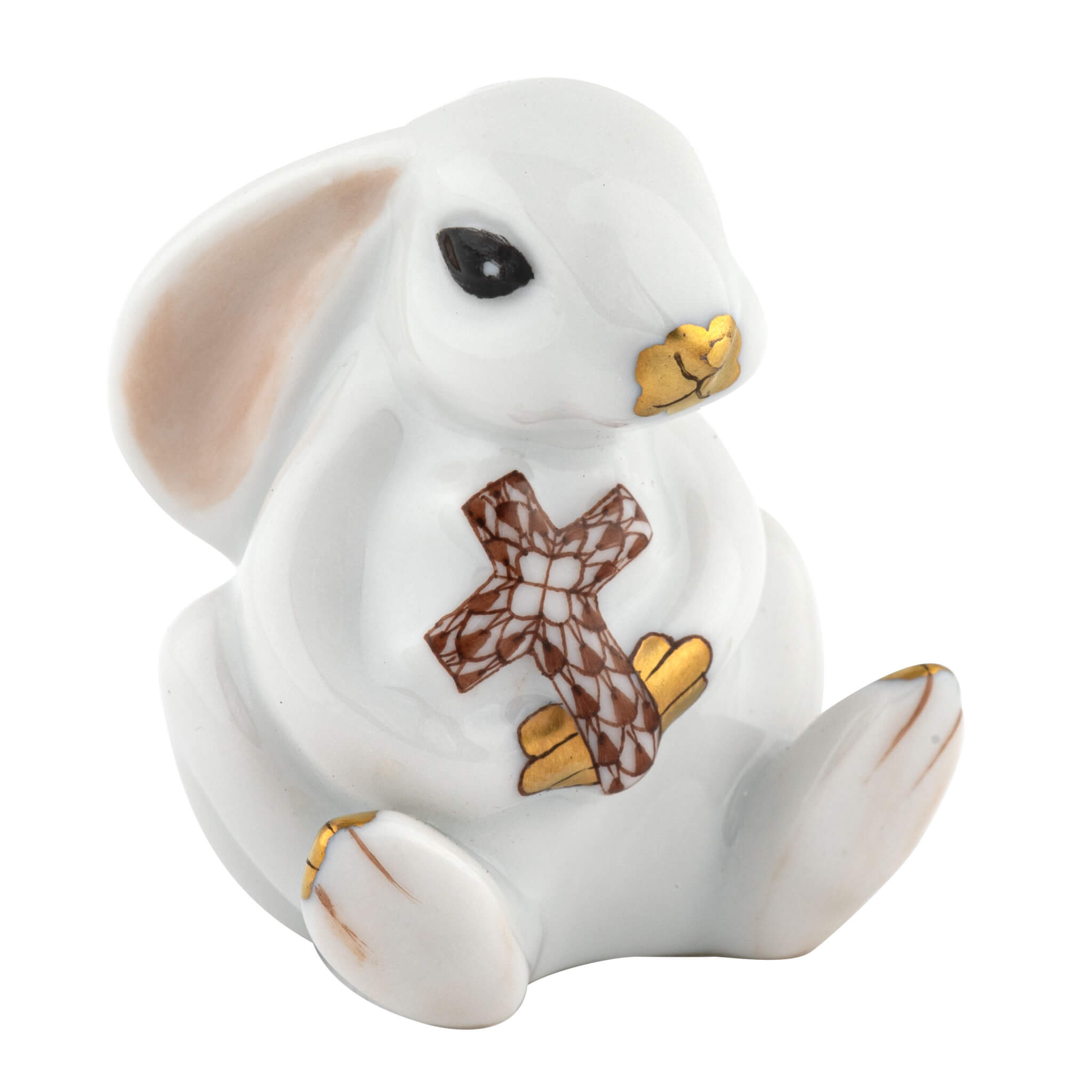 Herend Bunny with Cross figurine in Chocolate with chocolate brown fishnet pattern with gold accents on a white background