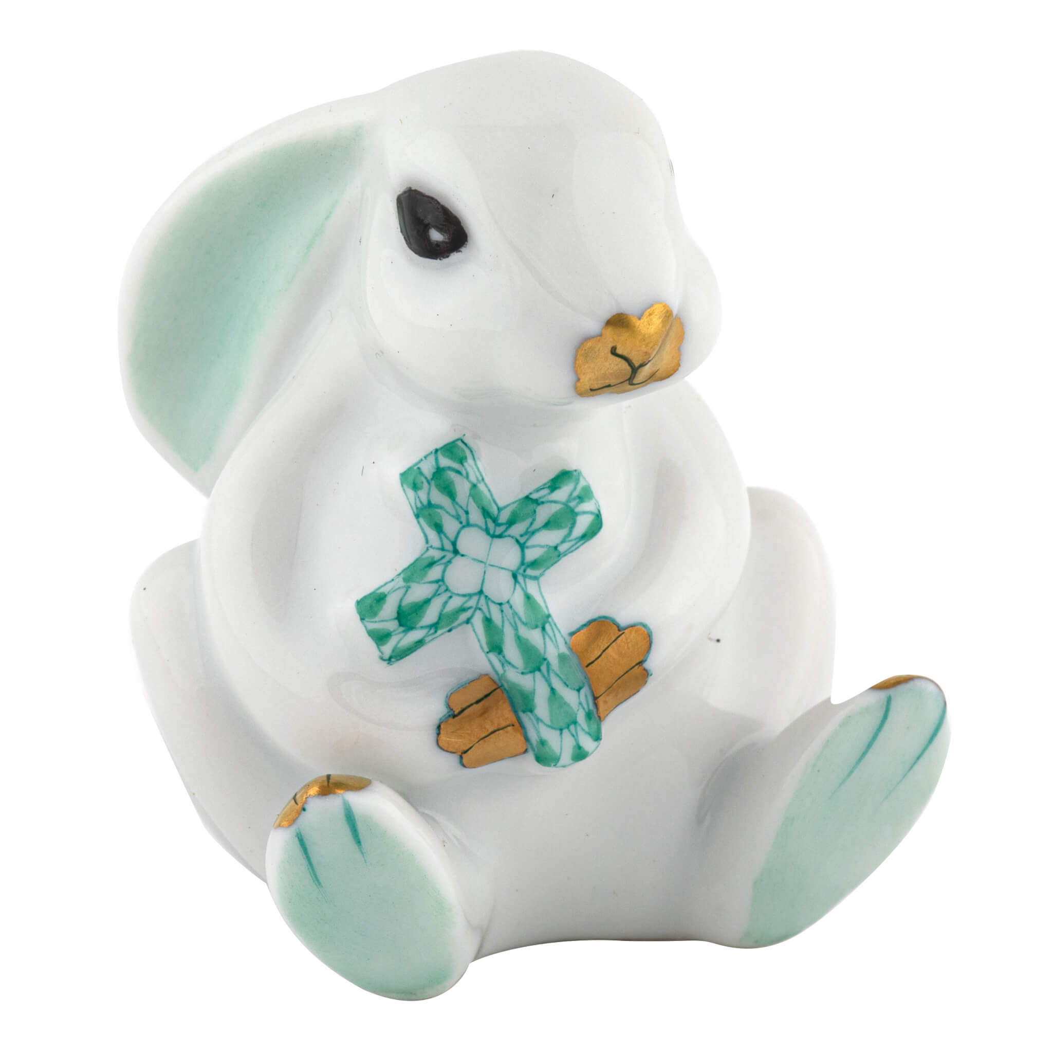 Herend Bunny with Cross figurine in Green with green fishnet pattern with gold accents on a white background