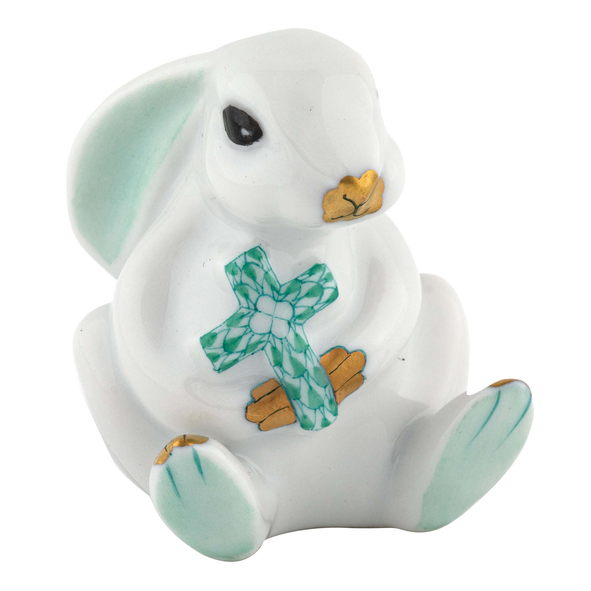 Hand-painted Herend Bunny with Cross Figurine in Green fishnet porcelain on a white background
