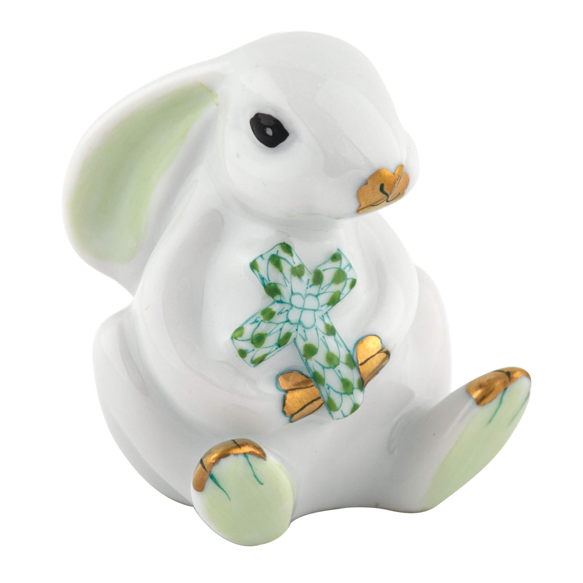 Herend Bunny with Cross figurine in Keylime with key lime green fishnet pattern with gold accents on a white background