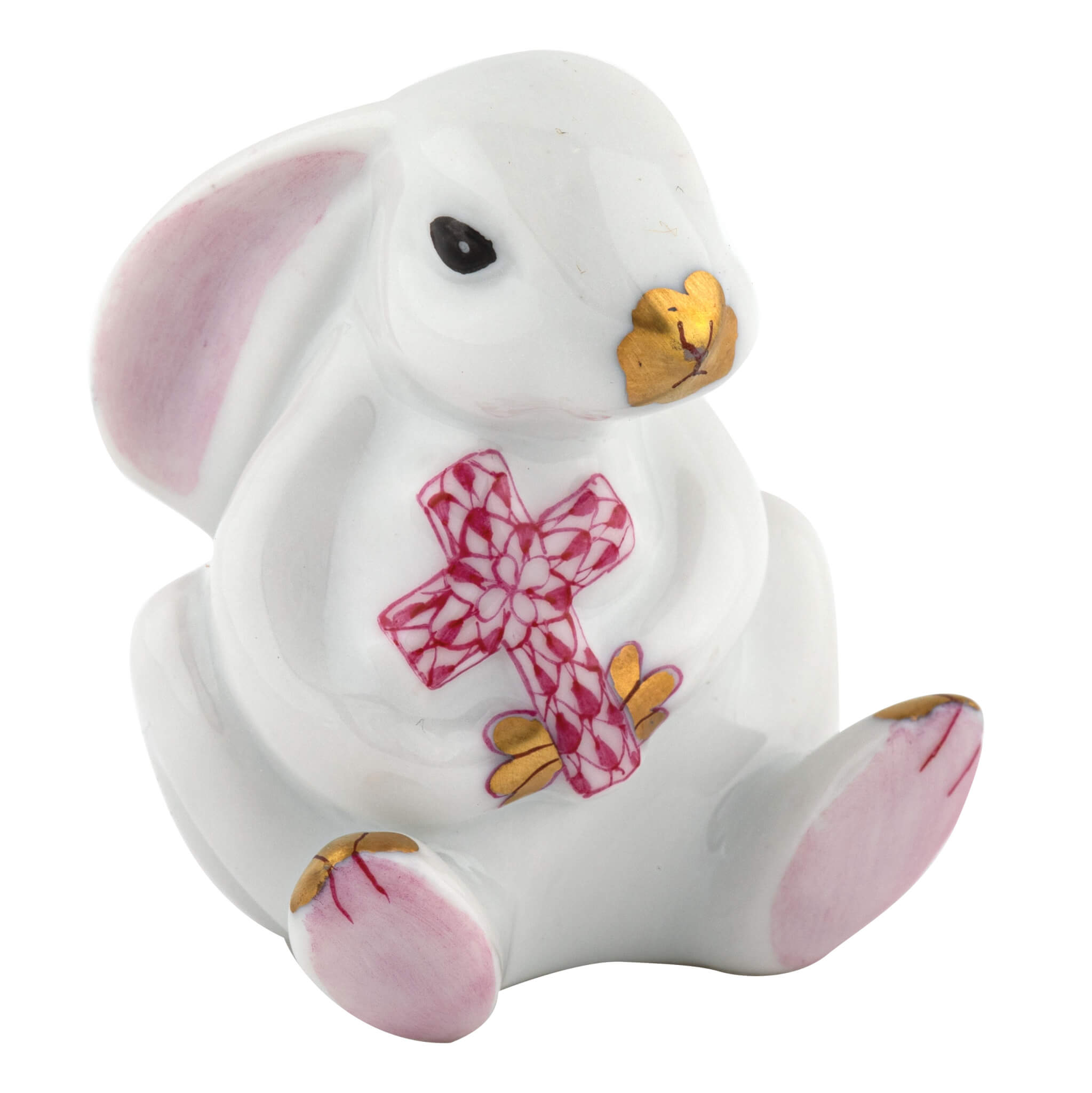 Herend Bunny with Cross figurine in Raspberry with raspberry pink fishnet pattern with gold accents on a white background