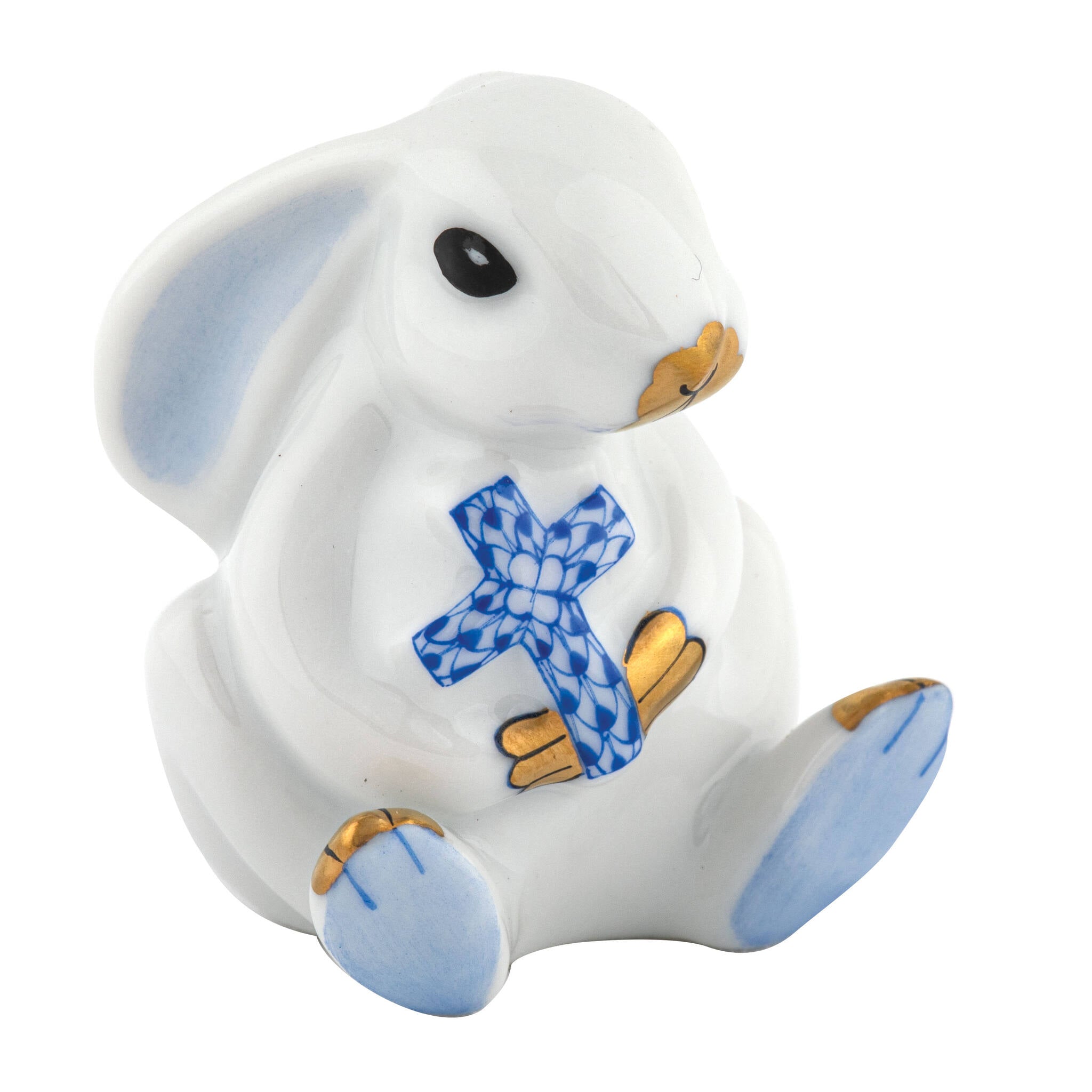 Hand-painted Herend Bunny with Cross Figurine in Sapphire fishnet porcelain on a white background