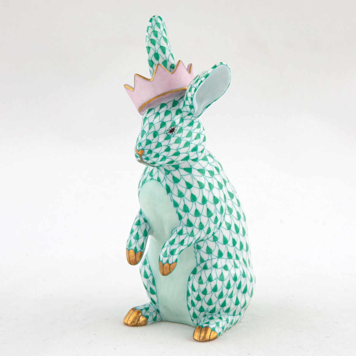 Herend Bunny with Crown Figurine – Green, alternate view