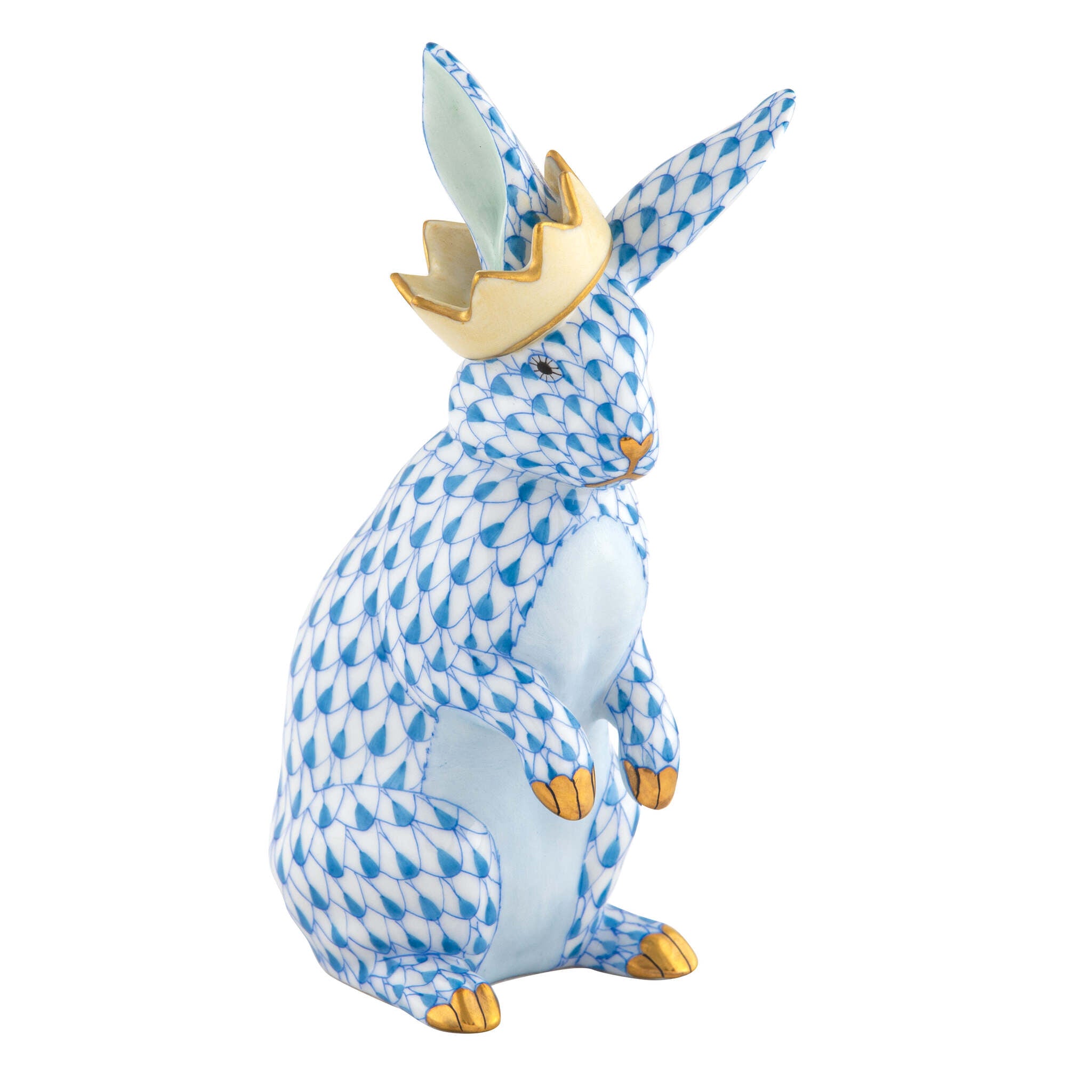 Herend Bunny with Crown Figurine porcelain figurine painted in the Blue fishnet pattern
