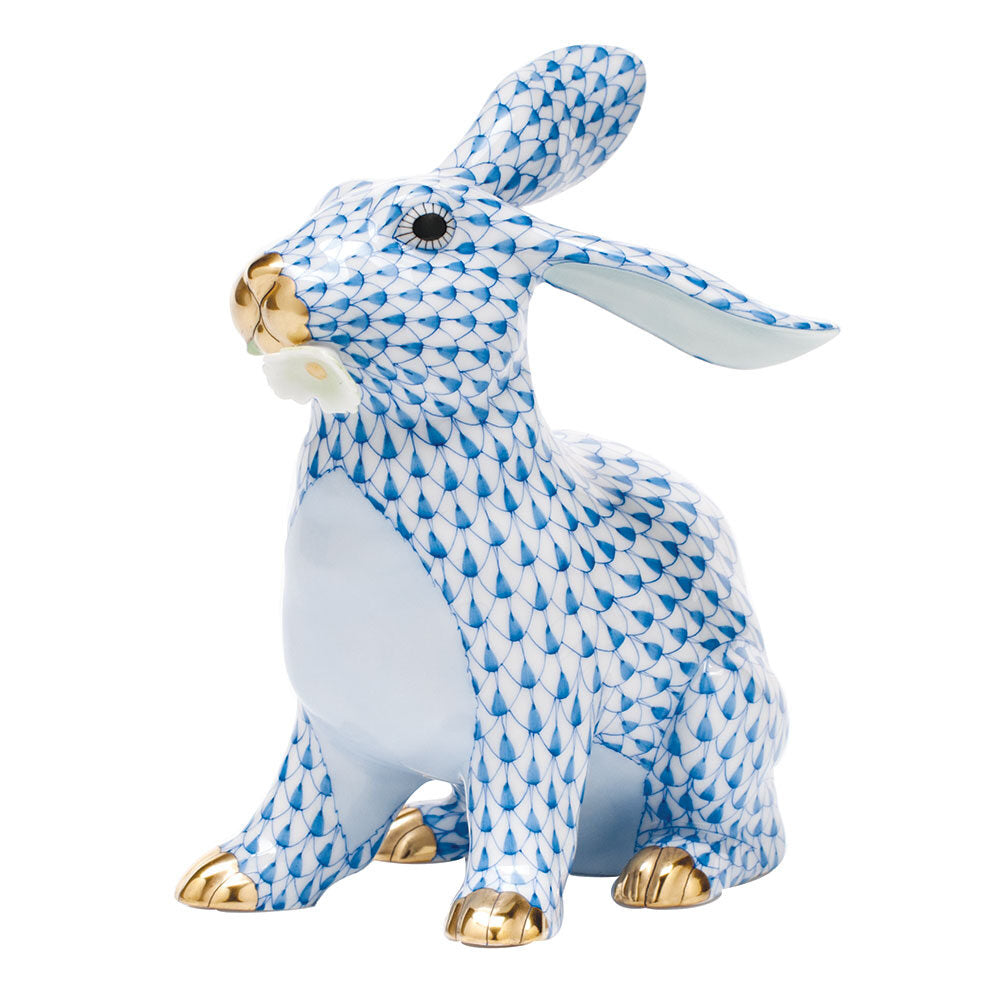 Blue fishnet Bunny with Daisy Figurine figurine, hand-painted Herend porcelain with 24k gold accents