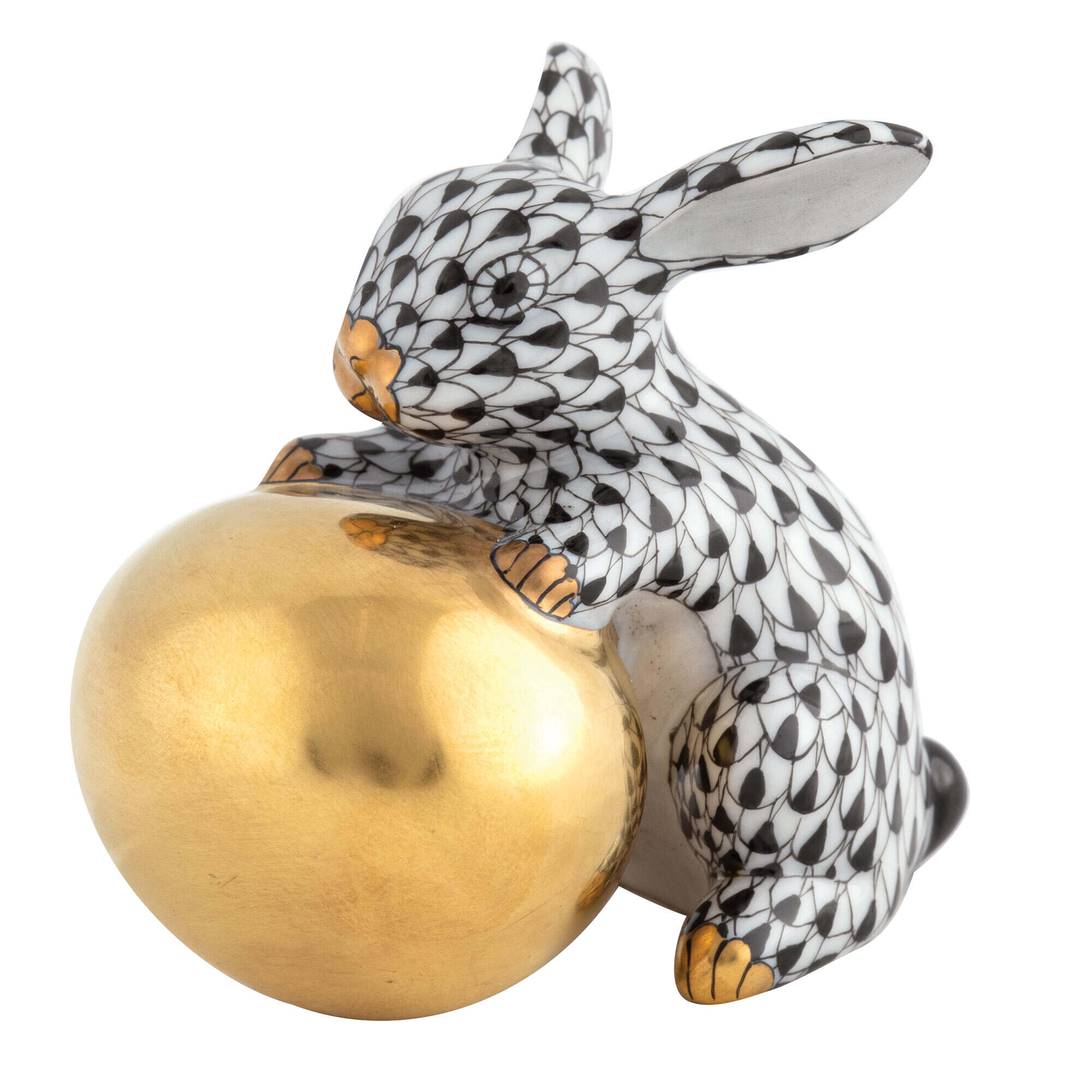 Hand-painted Herend Bunny with Egg Figurine in Black fishnet porcelain on a white background