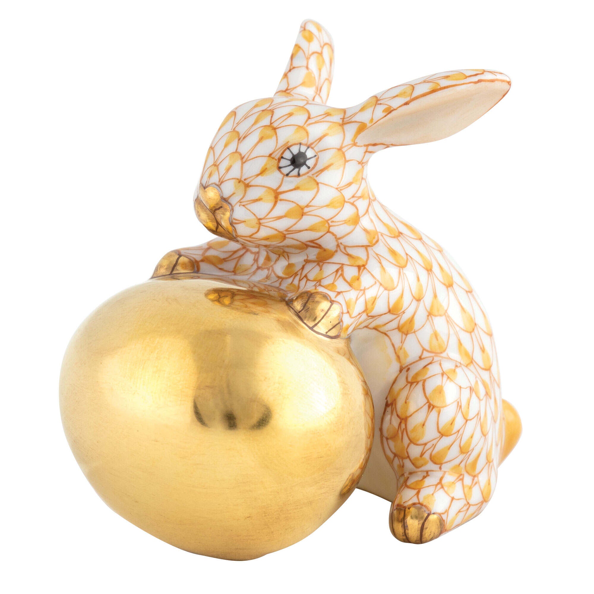 Butterscotch fishnet Bunny with Egg Figurine figurine, hand-painted Herend porcelain with 24k gold accents