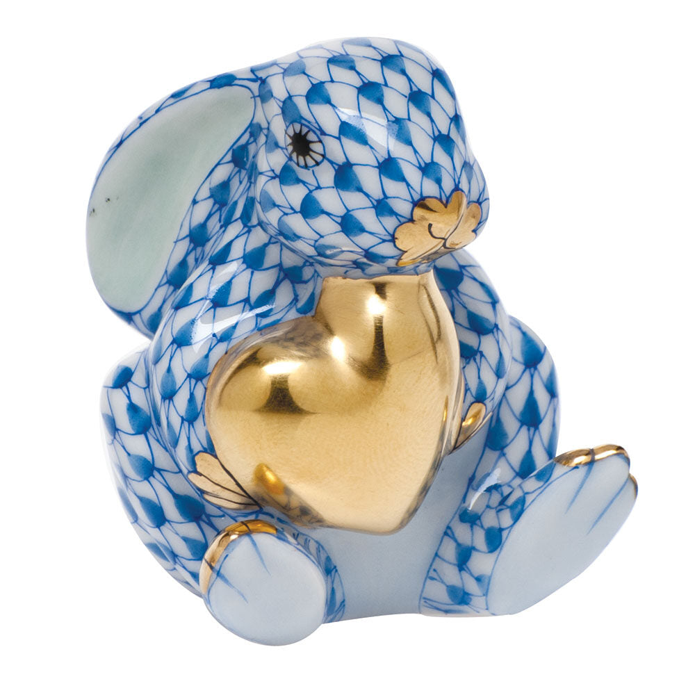 Blue fishnet Bunny with Heart Figurine figurine, hand-painted Herend porcelain with 24k gold accents