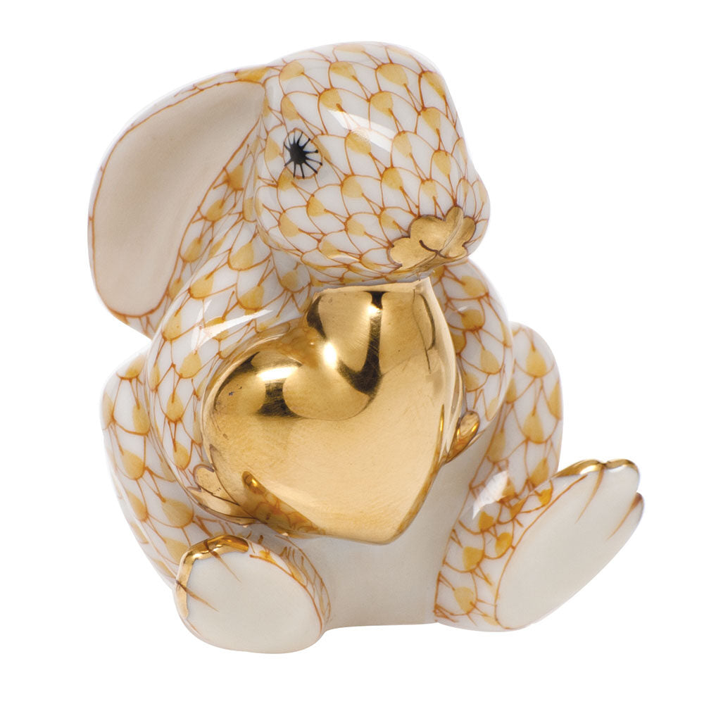 Herend Bunny with Heart Figurine porcelain figurine painted in the Butterscotch fishnet pattern