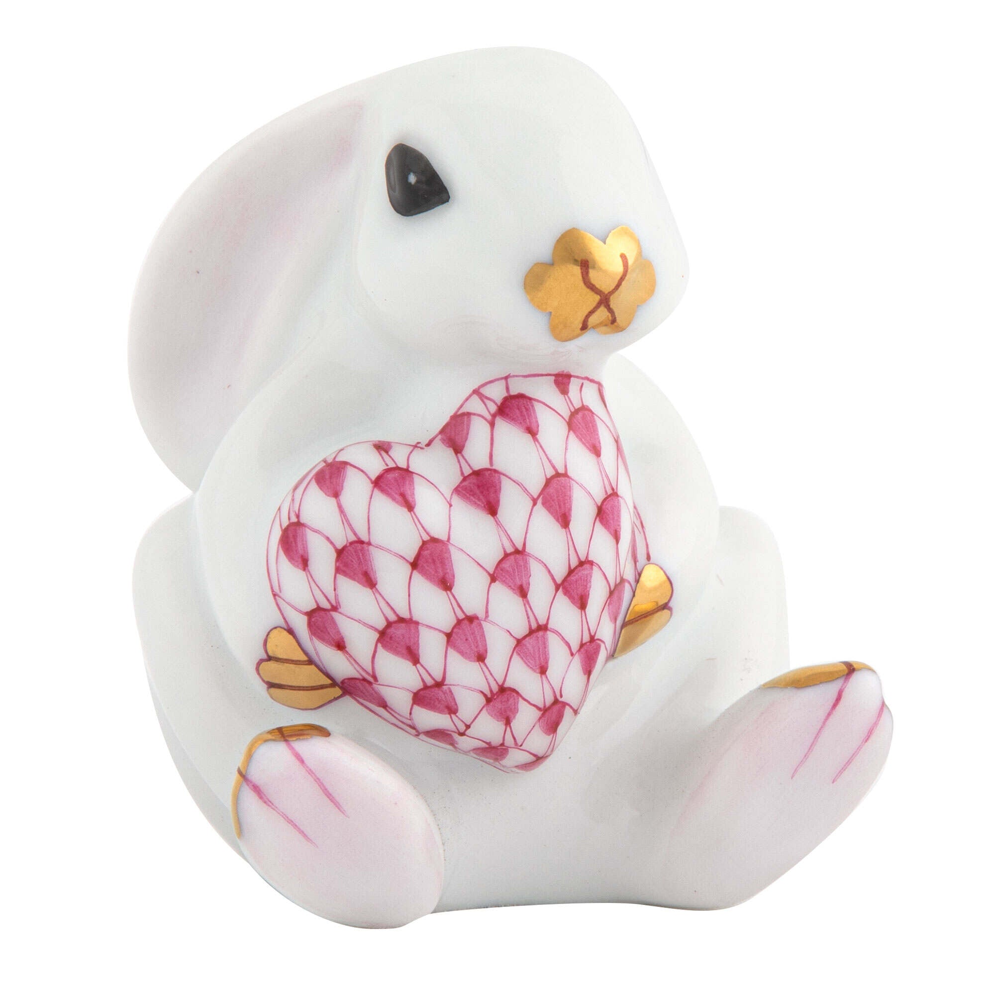 Herend Bunny with Heart Figurine porcelain figurine painted in the White-Raspberry fishnet pattern