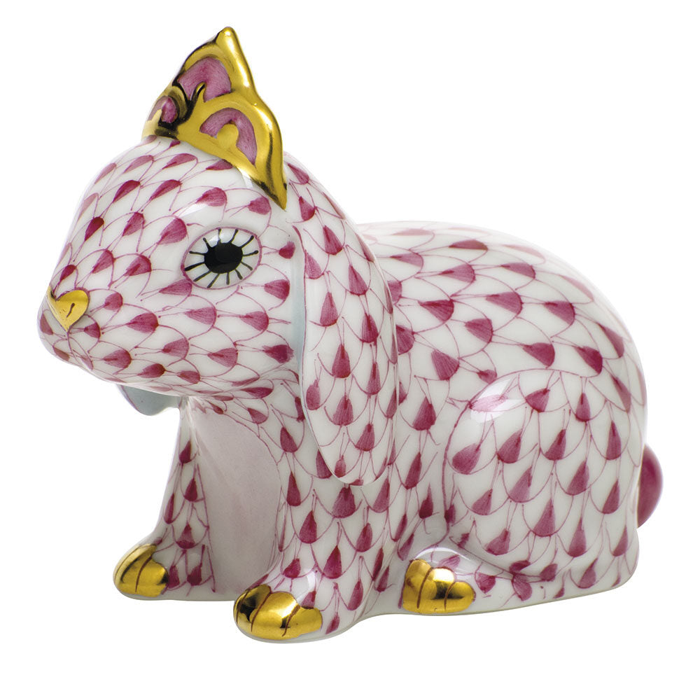 Herend Bunny with Tiara Figurine porcelain figurine painted in the Raspberry fishnet pattern