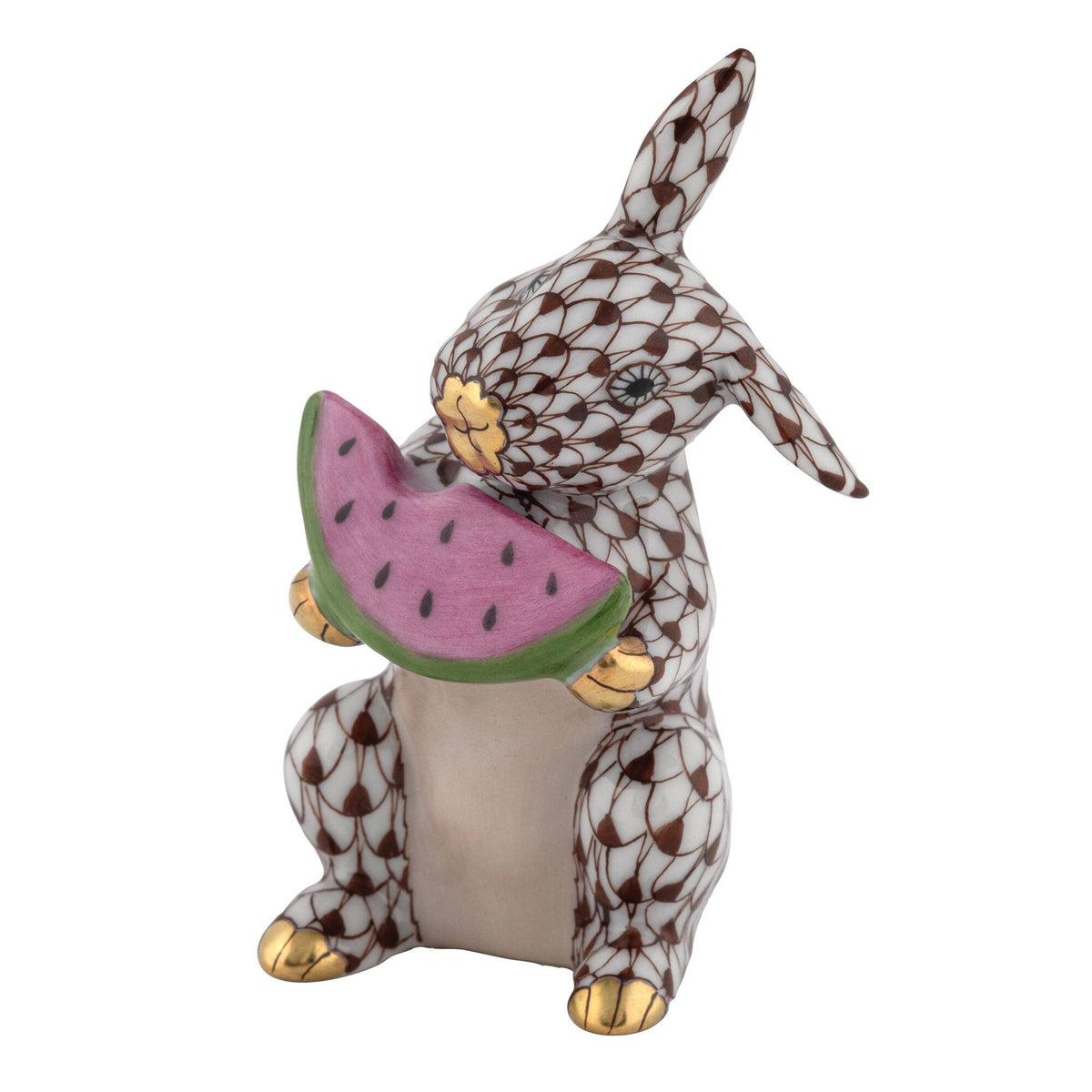 Herend Bunny with Watermelon Figurine – Chocolate, alternate view