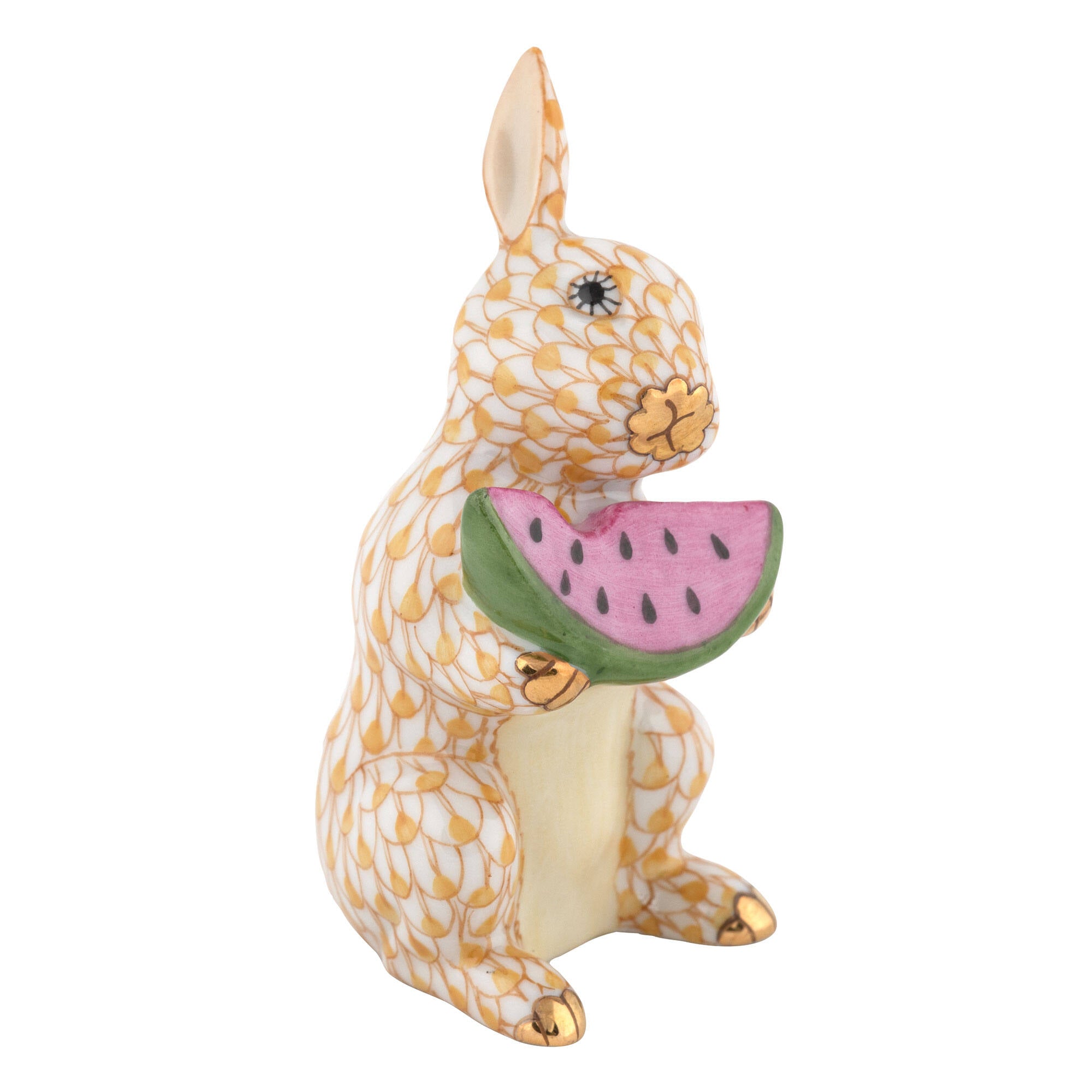 Herend Bunny with Watermelon Figurine porcelain figurine painted in the Butterscotch fishnet pattern