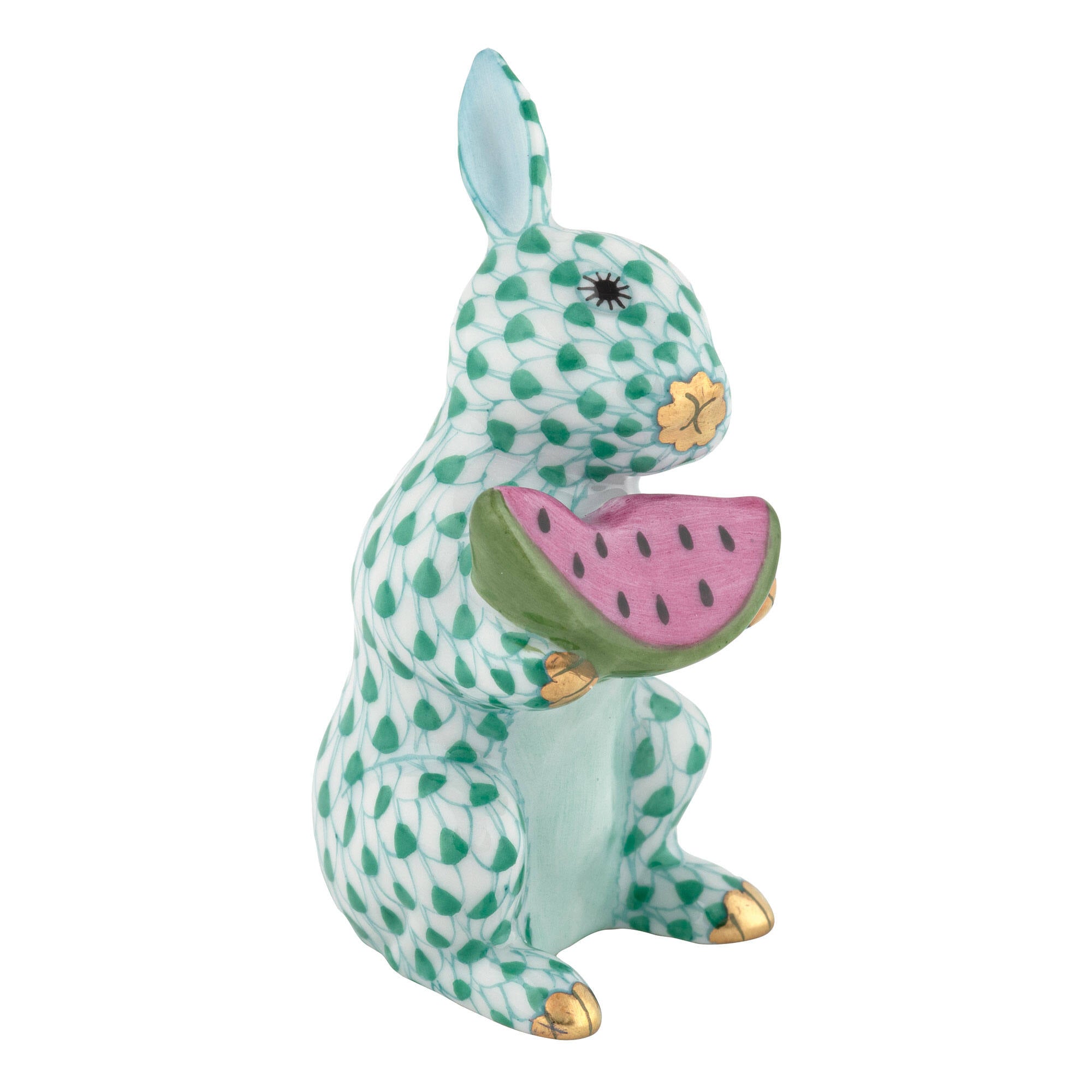 Bunny with Watermelon Figurine in hand-painted Green porcelain by Herend of Hungary
