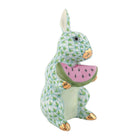 Hand-painted Herend Bunny with Watermelon Figurine in Key Lime fishnet porcelain on a white background