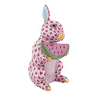 Herend Bunny with Watermelon Figurine porcelain figurine painted in the Raspberry fishnet pattern
