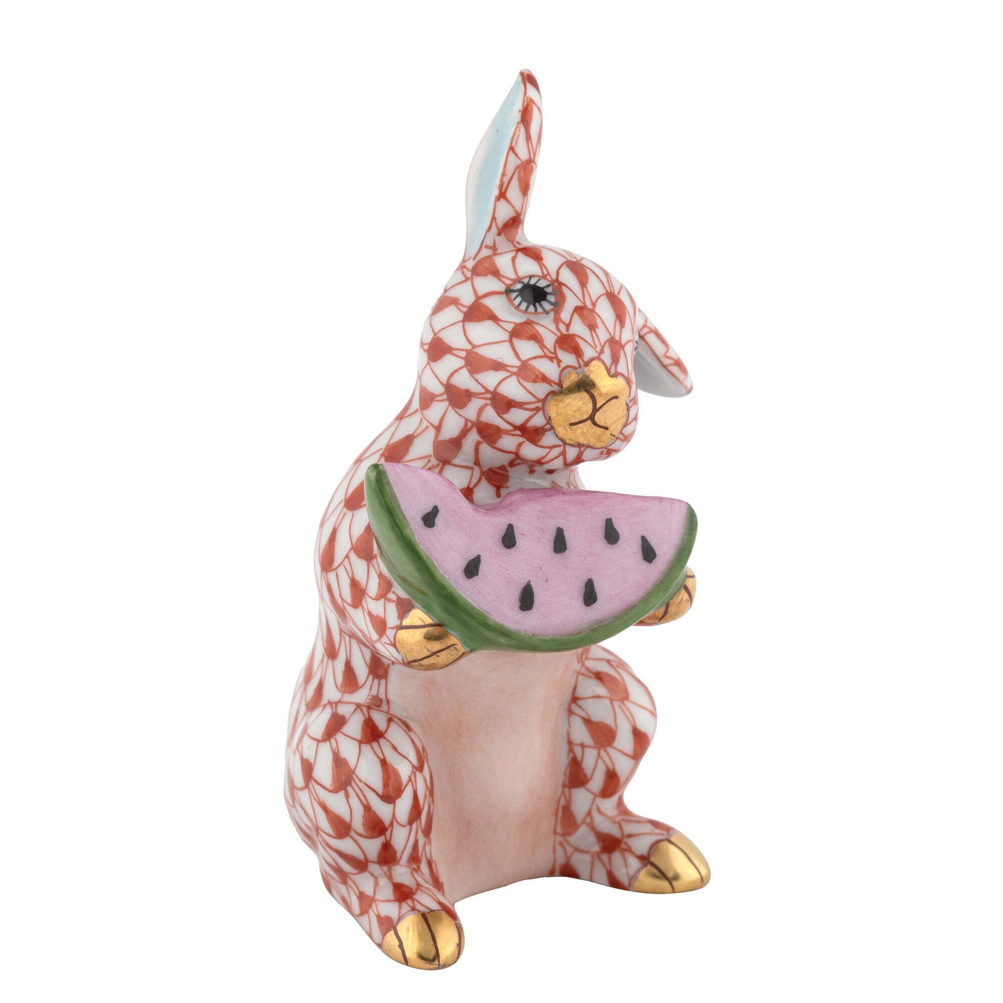 Rust fishnet Bunny with Watermelon Figurine figurine, hand-painted Herend porcelain with 24k gold accents