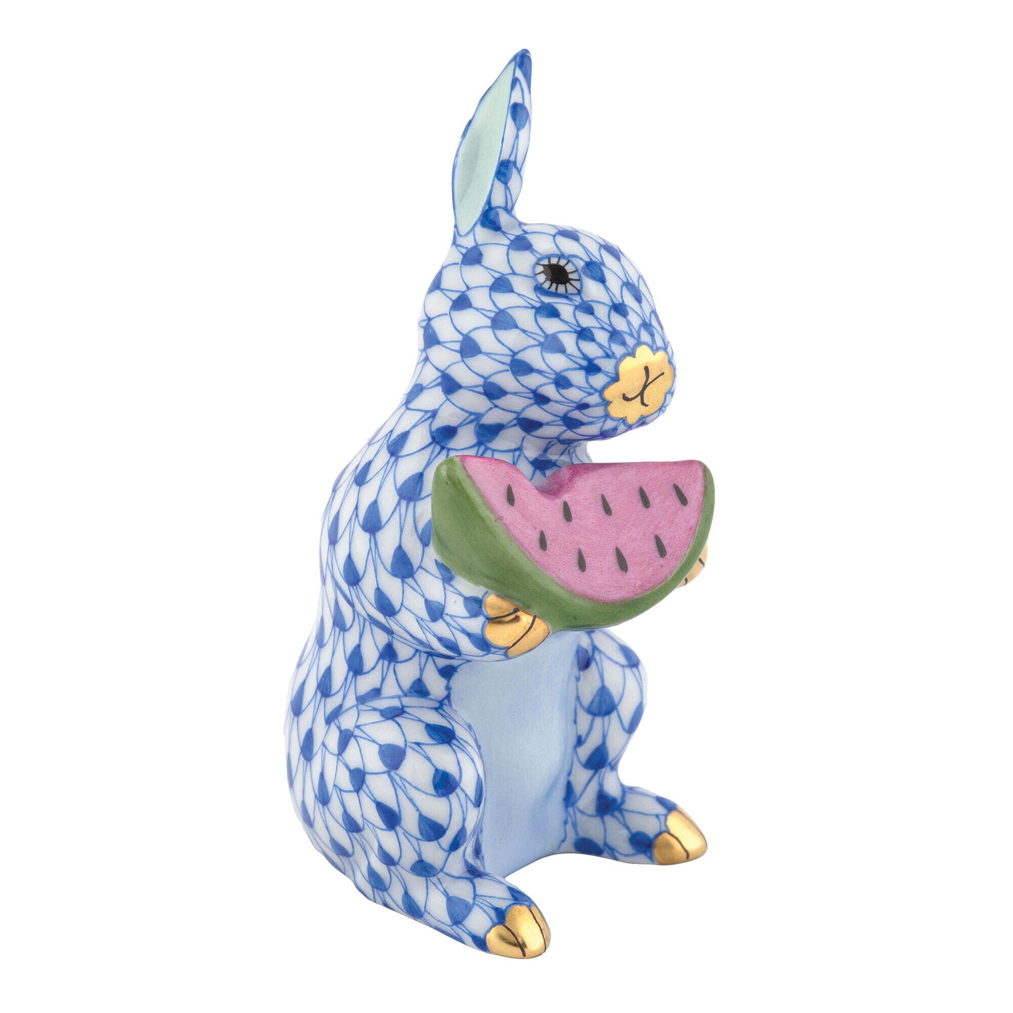 Hand-painted Herend Bunny with Watermelon Figurine in Sapphire fishnet porcelain on a white background