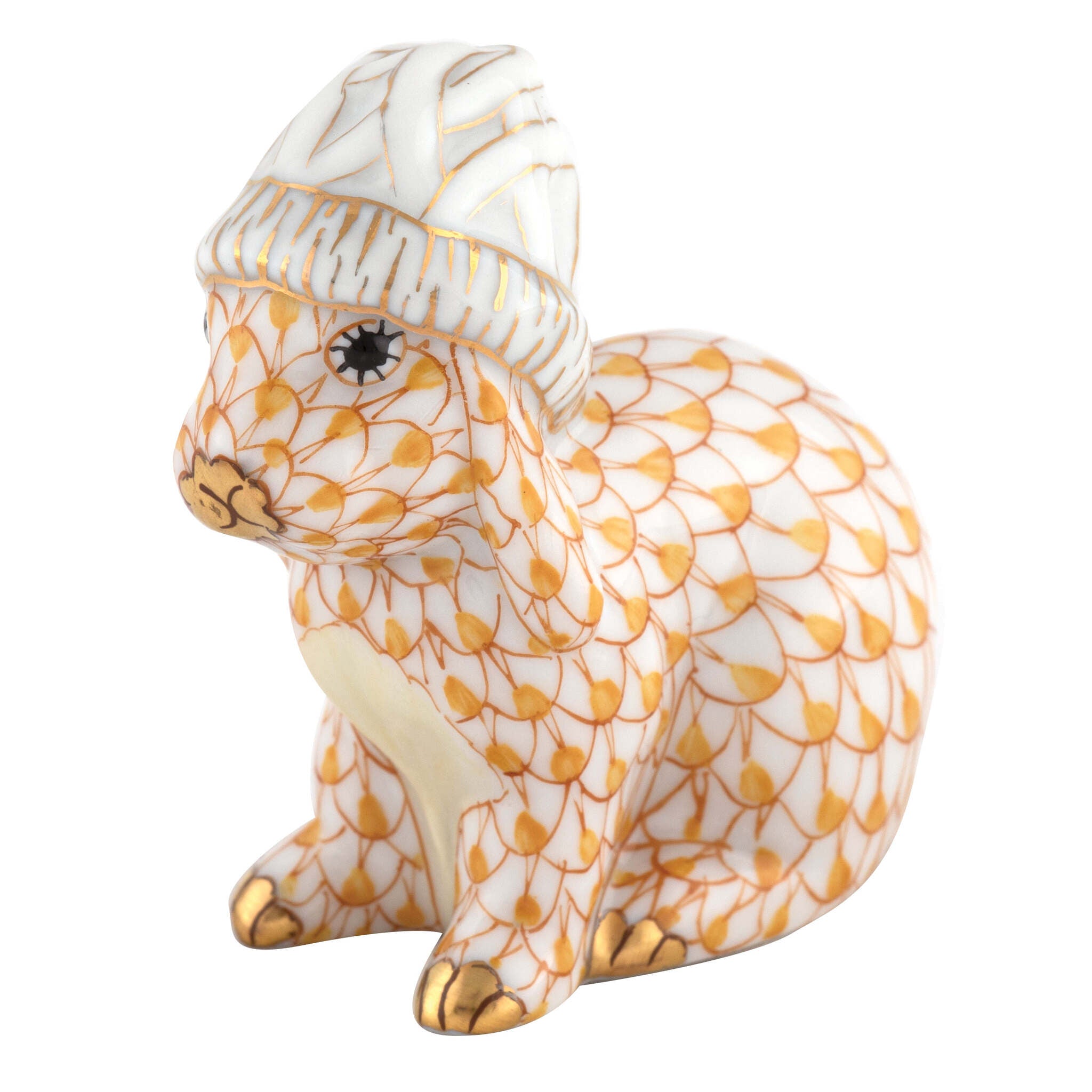 Butterscotch fishnet Bunny with Winter Hat Figurine figurine, hand-painted Herend porcelain with 24k gold accents