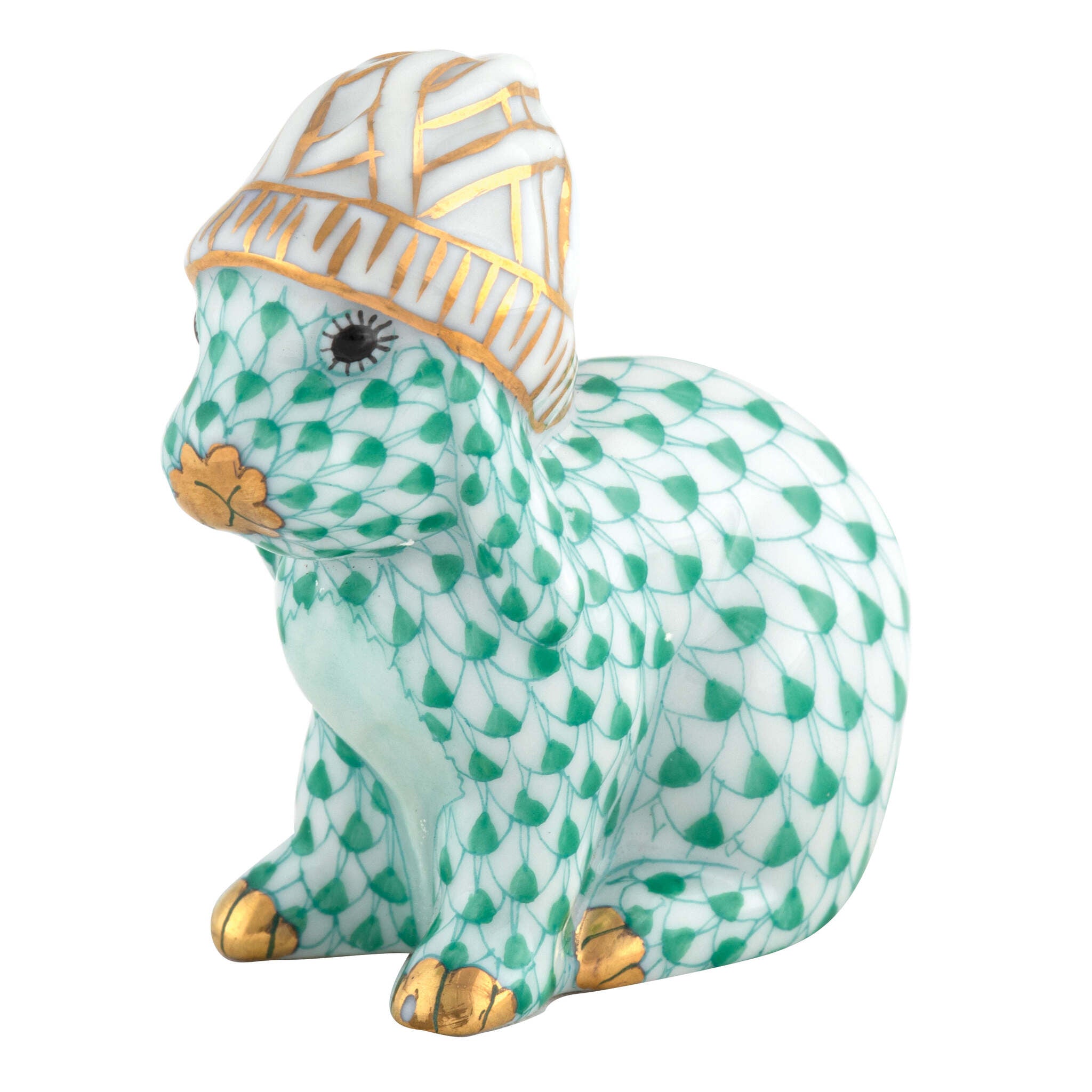 Hand-painted Herend Bunny with Winter Hat Figurine in Green fishnet porcelain on a white background