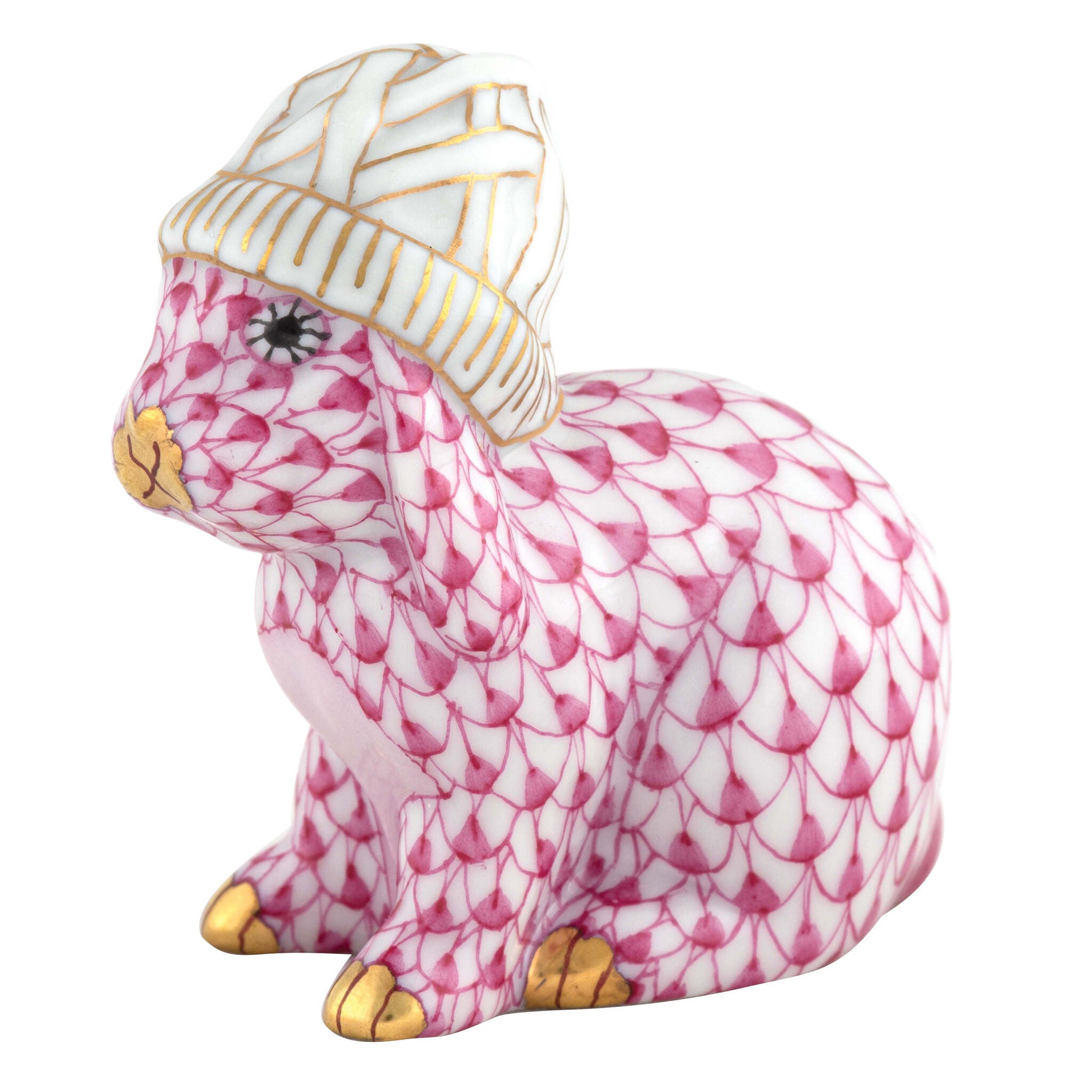 Herend Bunny with Winter Hat Figurine porcelain figurine painted in the Raspberry fishnet pattern