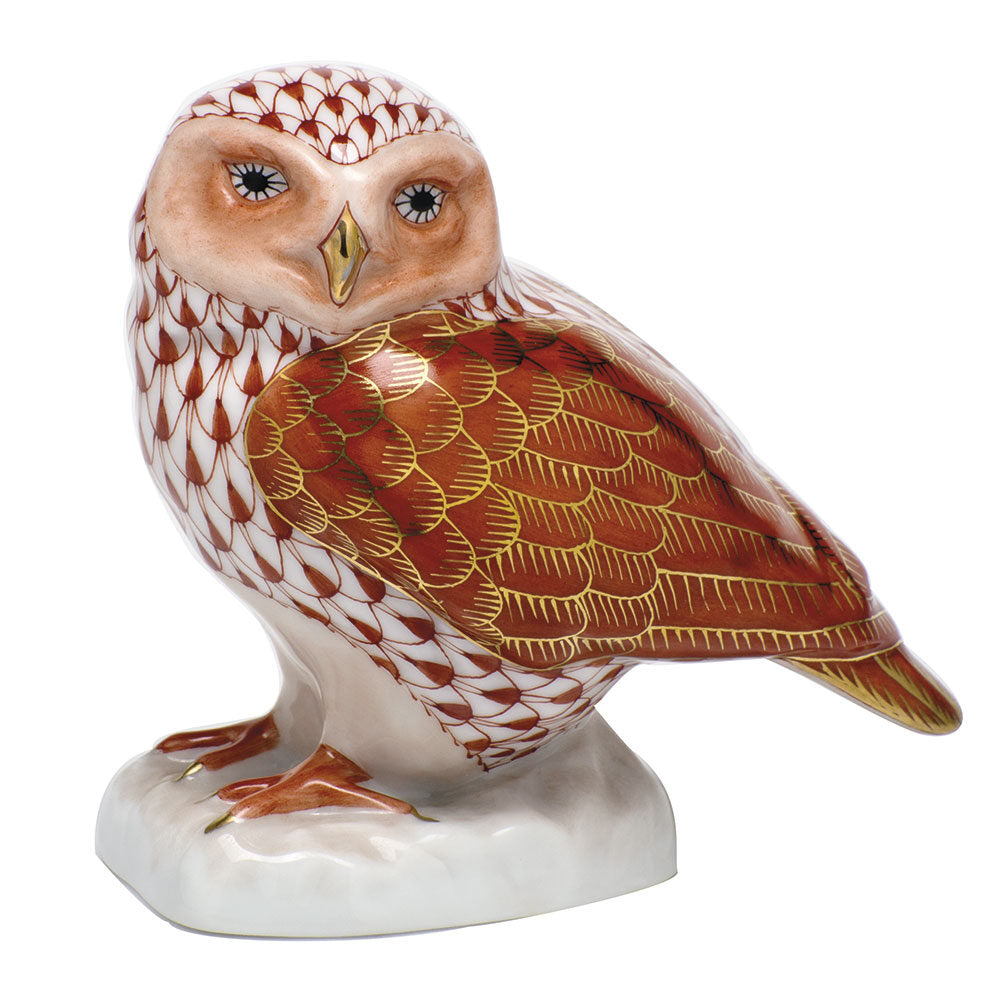 Hand-painted Herend Burrowing Owl Figurine in fine porcelain, 3.25in L X 3.35in H, on a white background