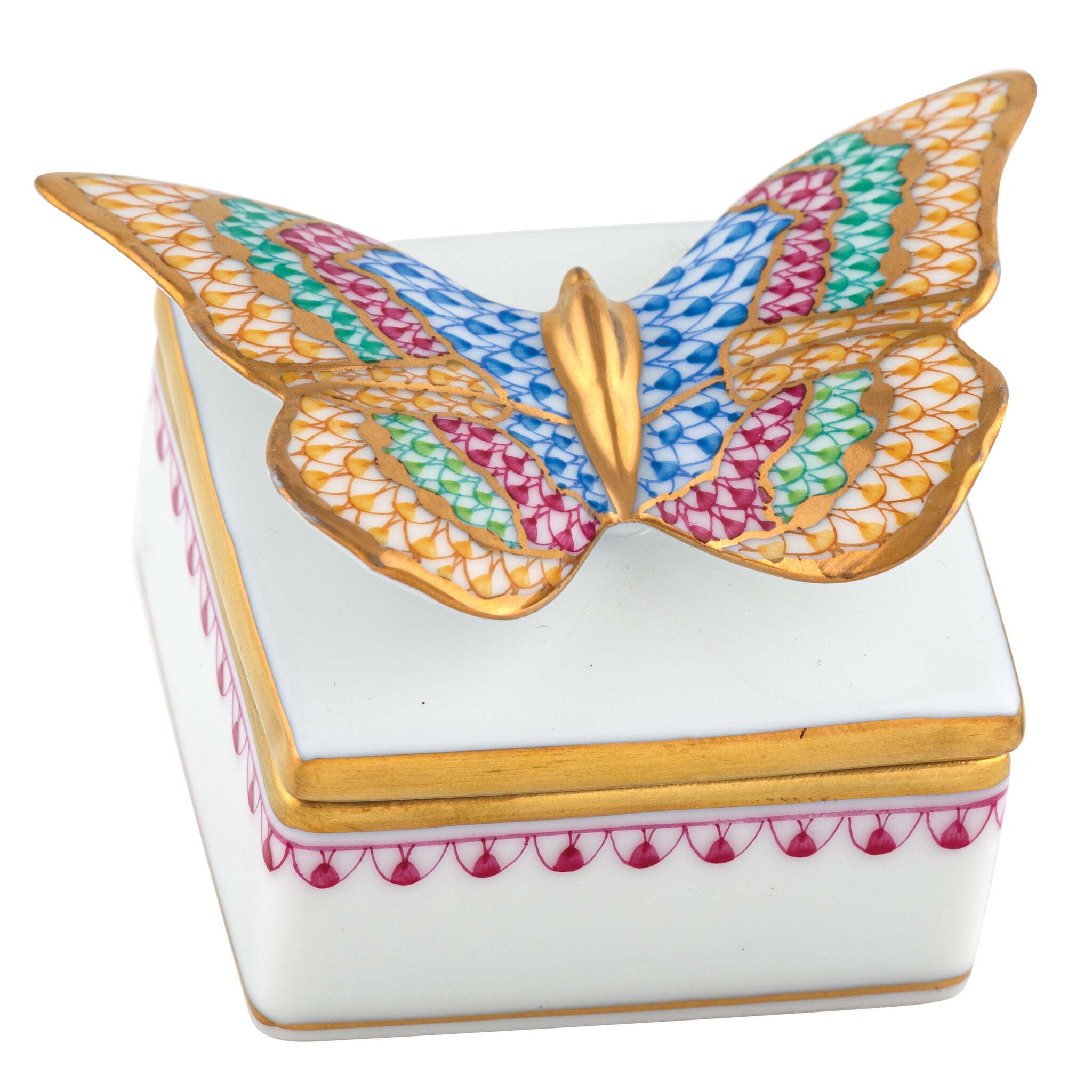 Hand-painted Herend Butterfly Box in Raspberry fishnet porcelain on a white background