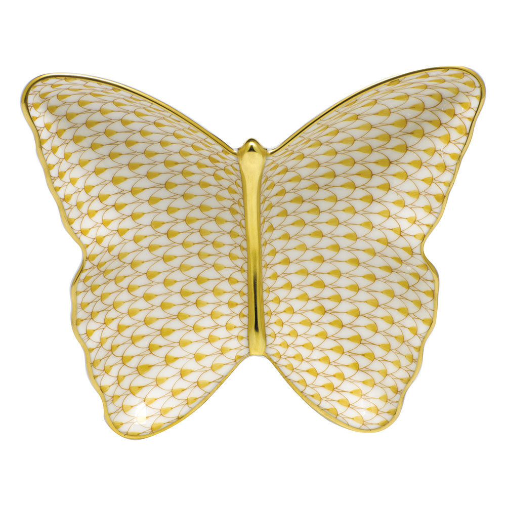 Butterscotch fishnet Butterfly Dish Decorative Plate figurine, hand-painted Herend porcelain with 24k gold accents