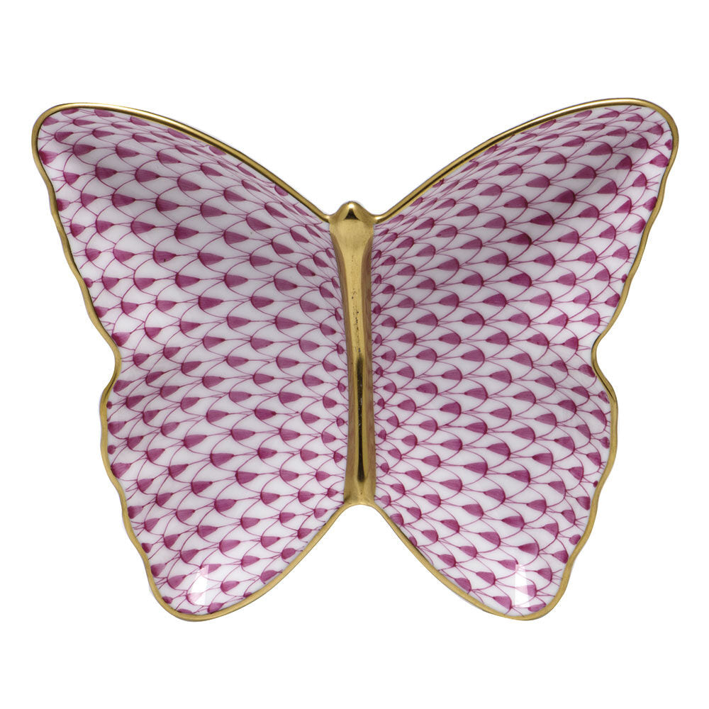 Hand-painted Herend Butterfly Dish Decorative Plate in Raspberry fishnet porcelain on a white background