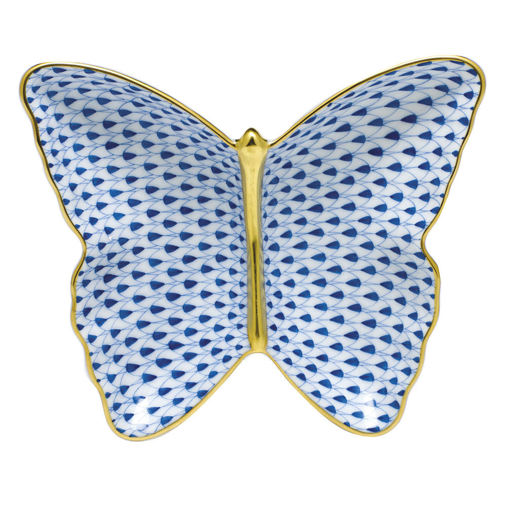 Hand-painted Herend Butterfly Dish Decorative Plate in Sapphire fishnet porcelain on a white background