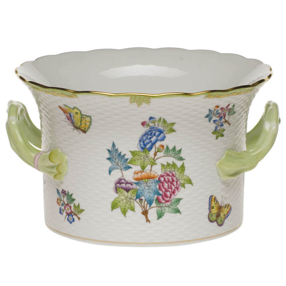 Hand-painted Herend Cachepot with Handles in fine porcelain, 6.25in H X 10.25in D, on a white background