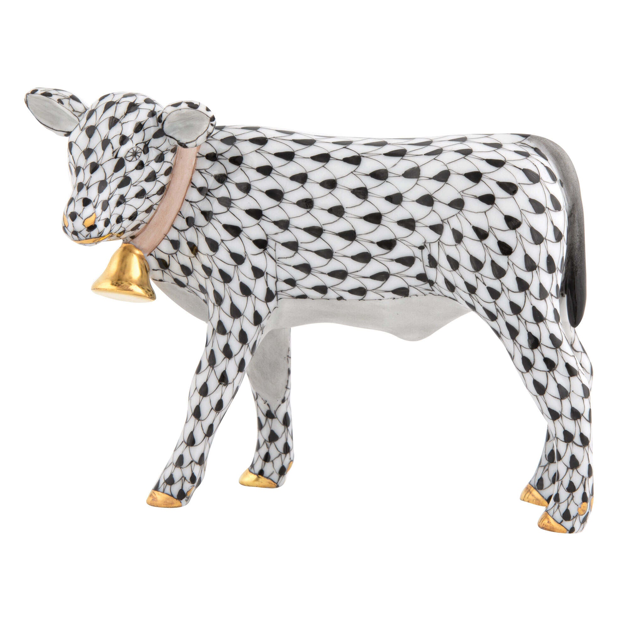 Hand-painted Herend Calf with Bell Figurine in Black fishnet porcelain on a white background