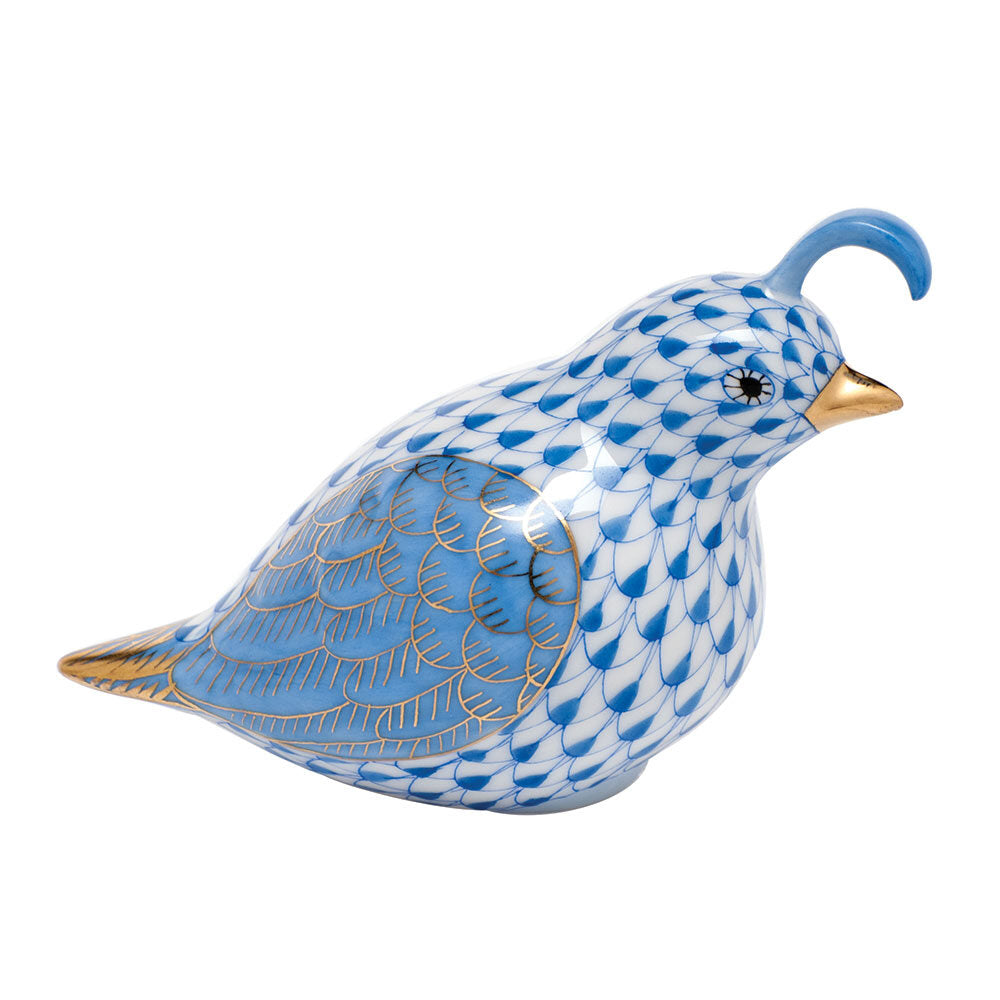 Hand-painted Herend California Quail Figurine in Blue fishnet porcelain on a white background
