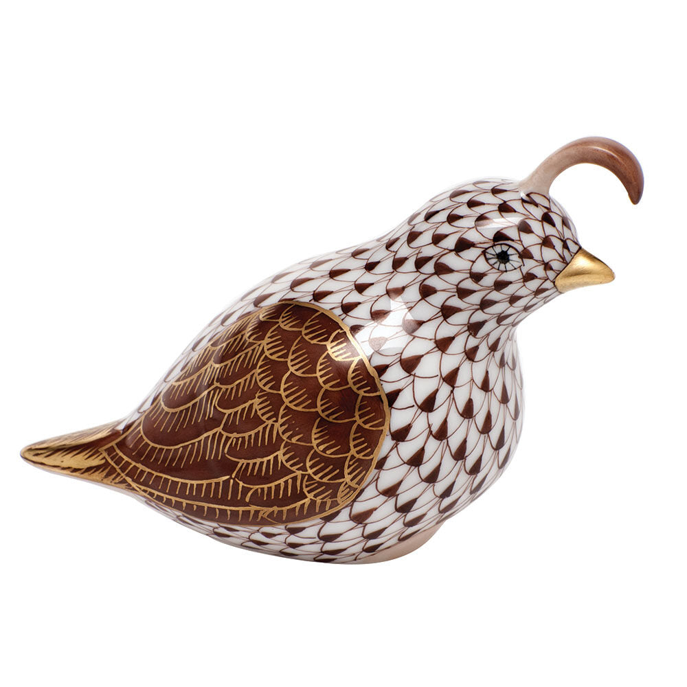 Chocolate fishnet California Quail Figurine figurine, hand-painted Herend porcelain with 24k gold accents