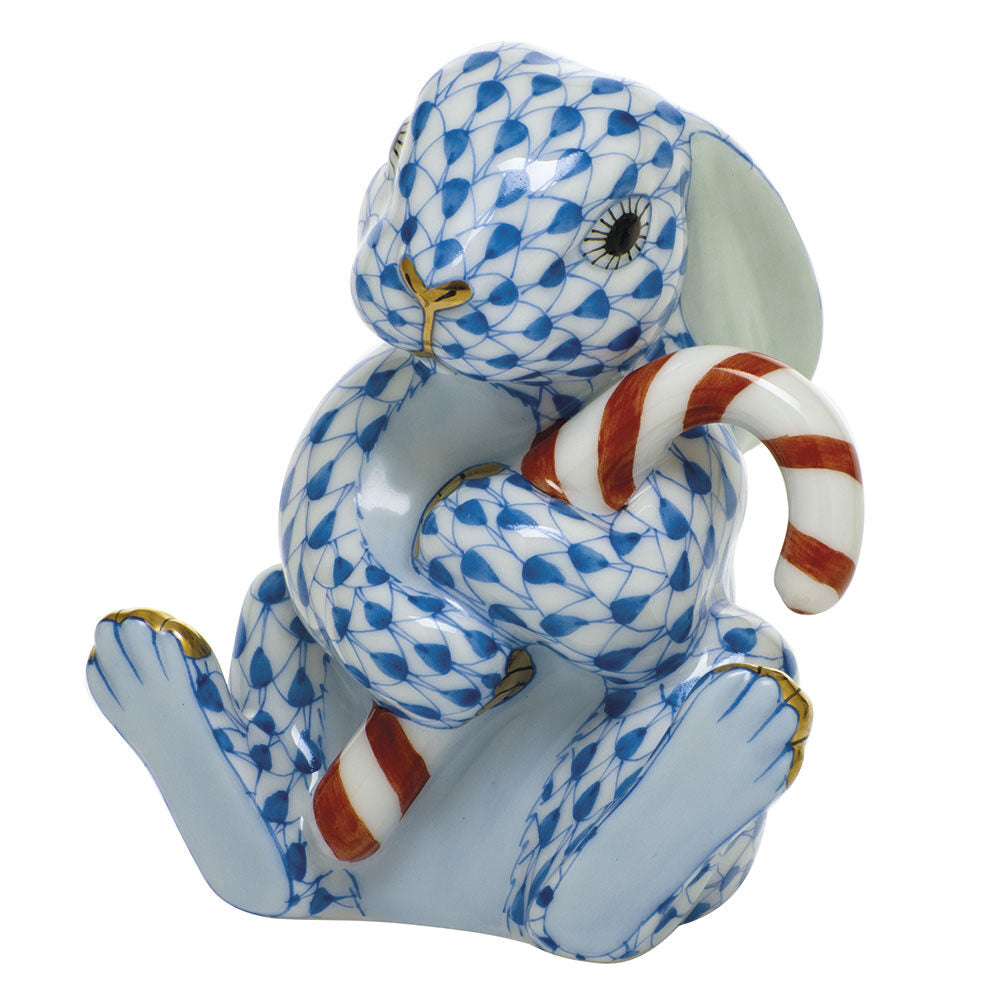 Blue fishnet Candy Cane Bunny Figurine figurine, hand-painted Herend porcelain with 24k gold accents